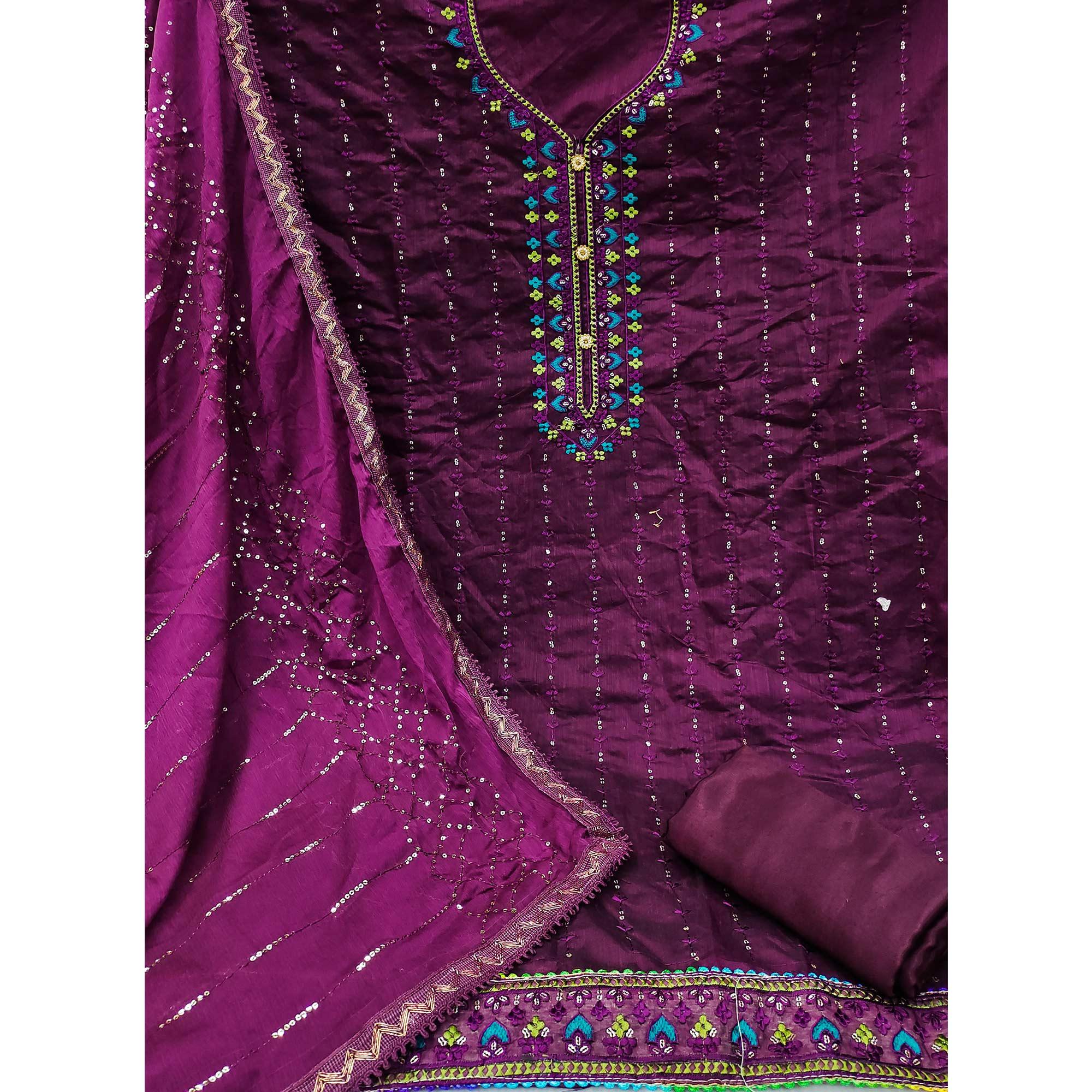 Wine Embroidered Chanderi Dress Material - Peachmode