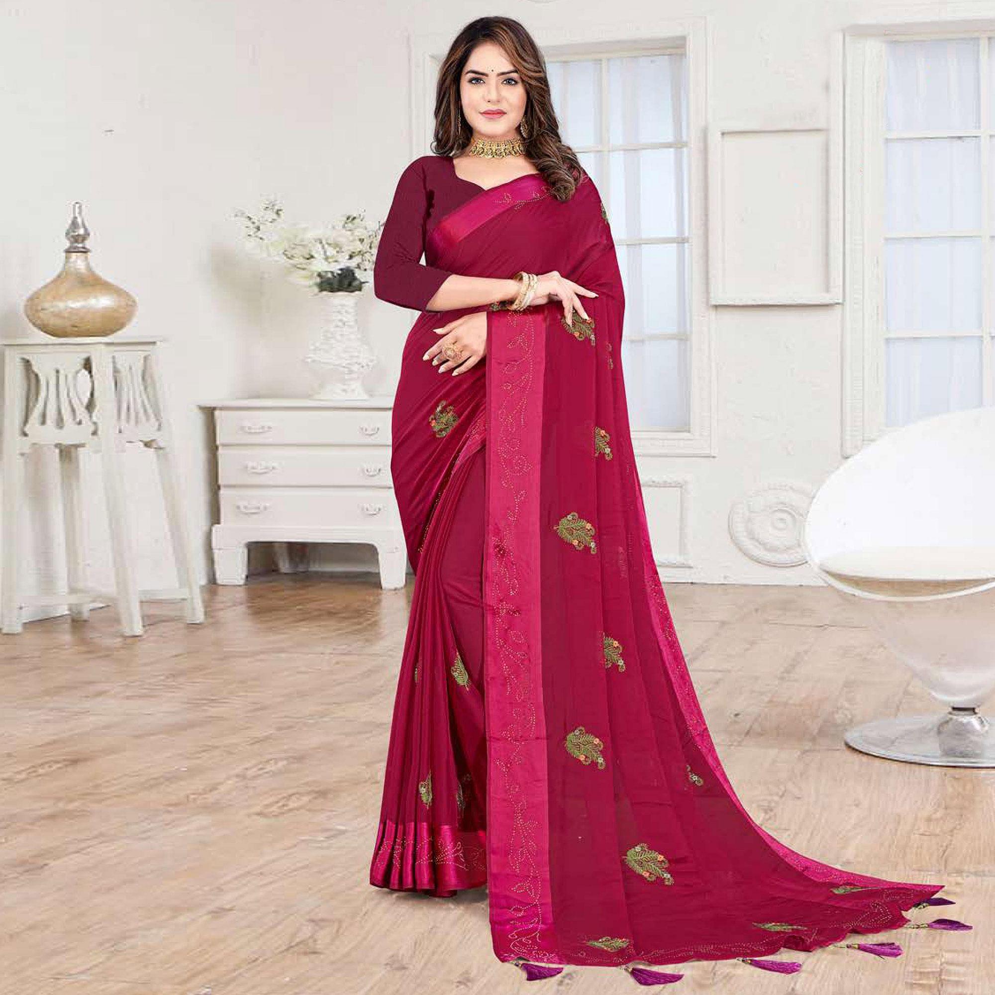 Wine Embroidered Chiffon Saree - Peachmode