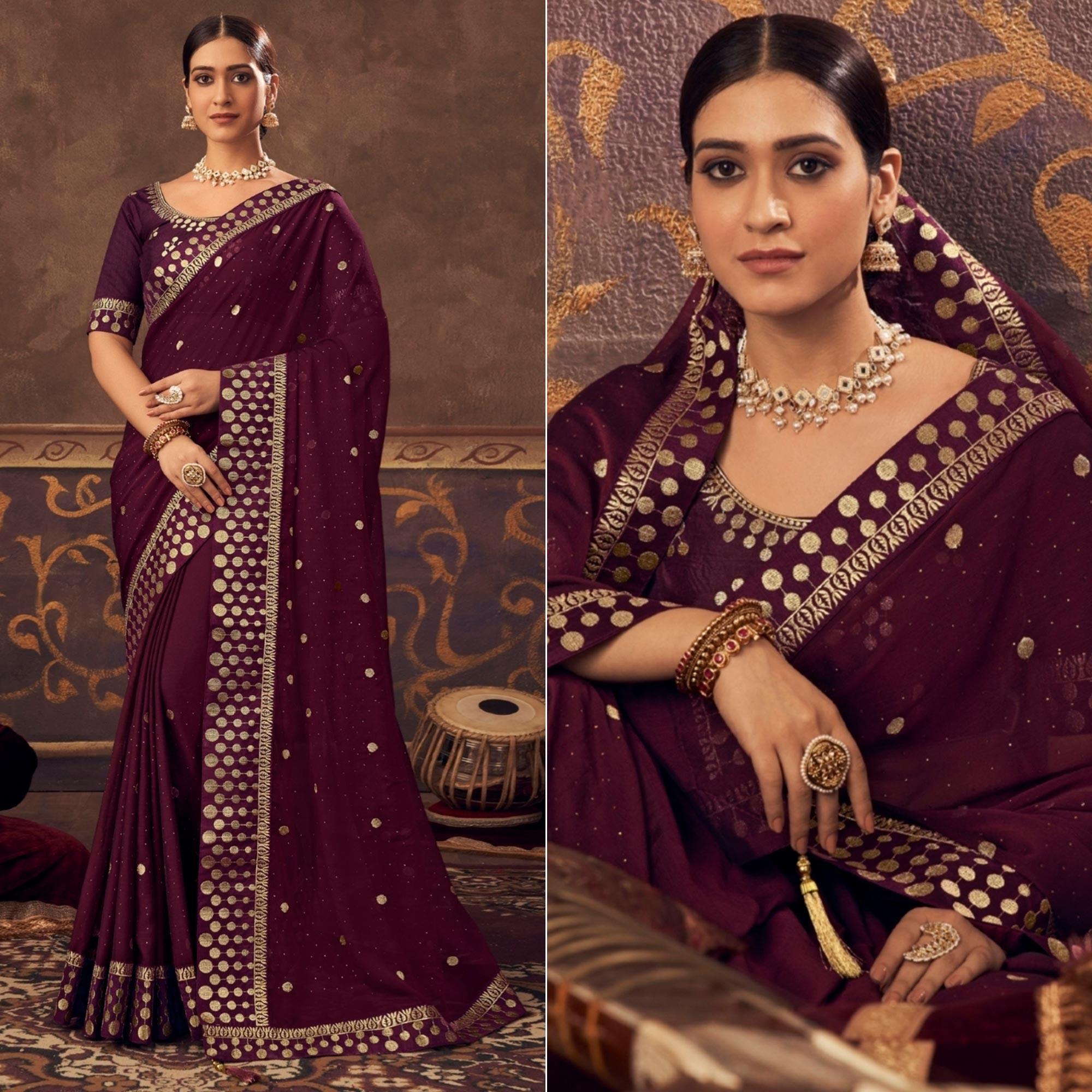 Wine Embroidered Chiffon Saree - Peachmode