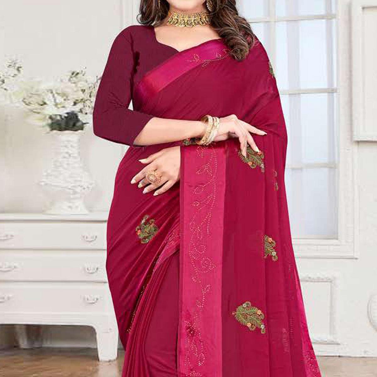 Wine Embroidered Chiffon Saree - Peachmode