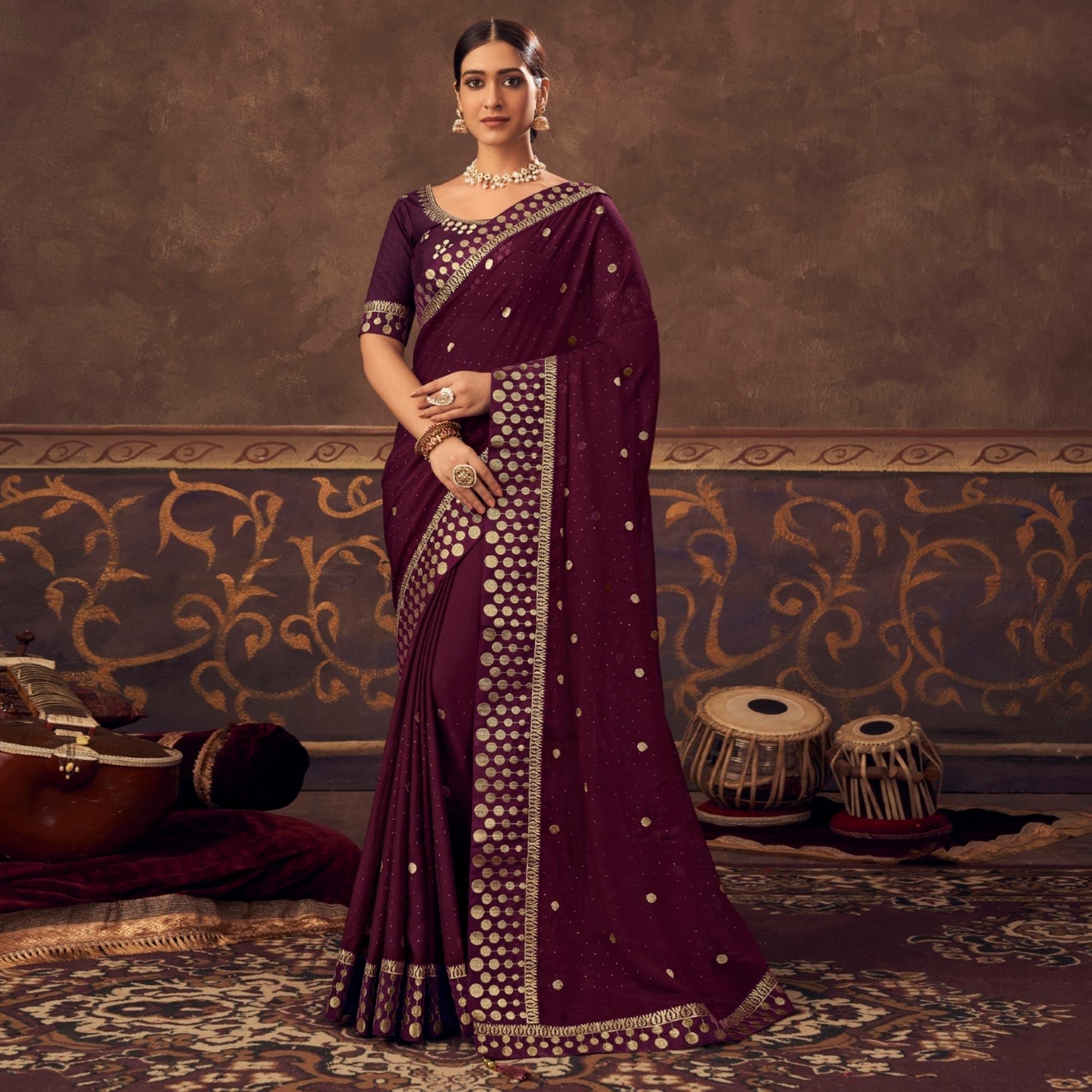 Wine Embroidered Chiffon Saree - Peachmode