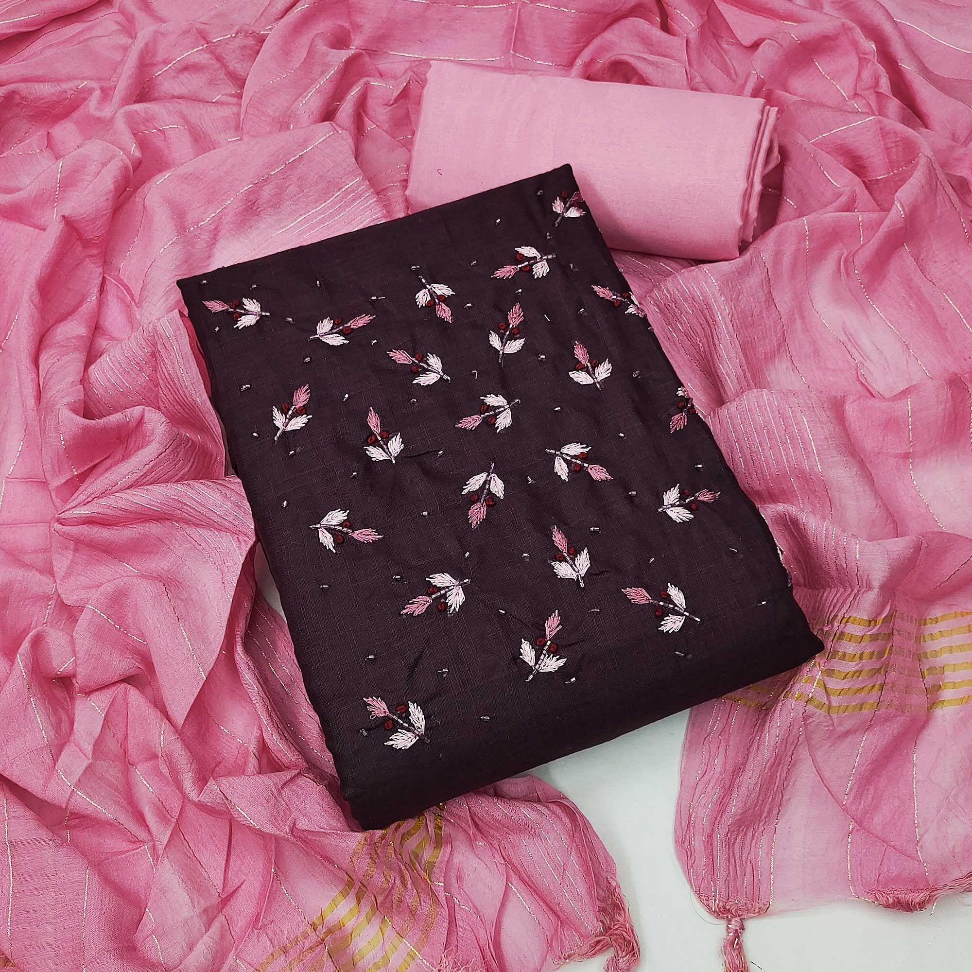 Wine Embroidered Cotton Blend Dress Material - Peachmode