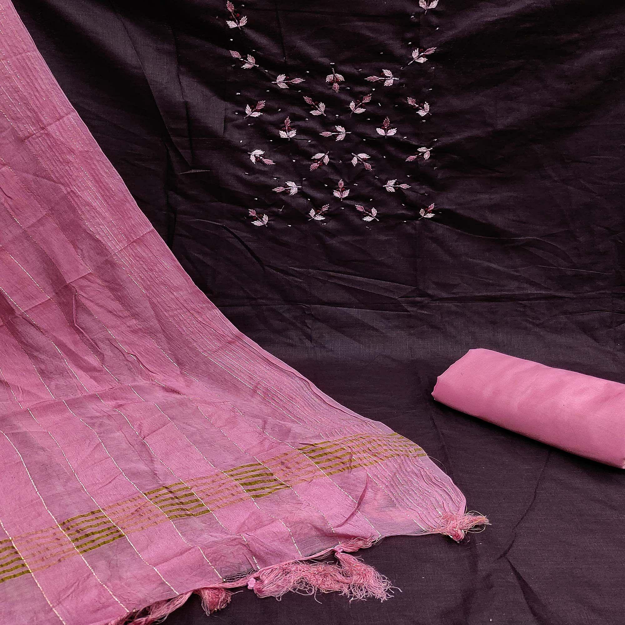 Wine Embroidered Cotton Blend Dress Material - Peachmode