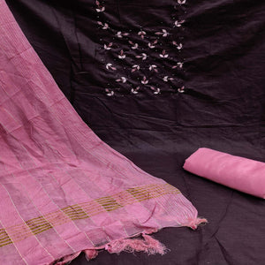 Wine Embroidered Cotton Blend Dress Material - Peachmode