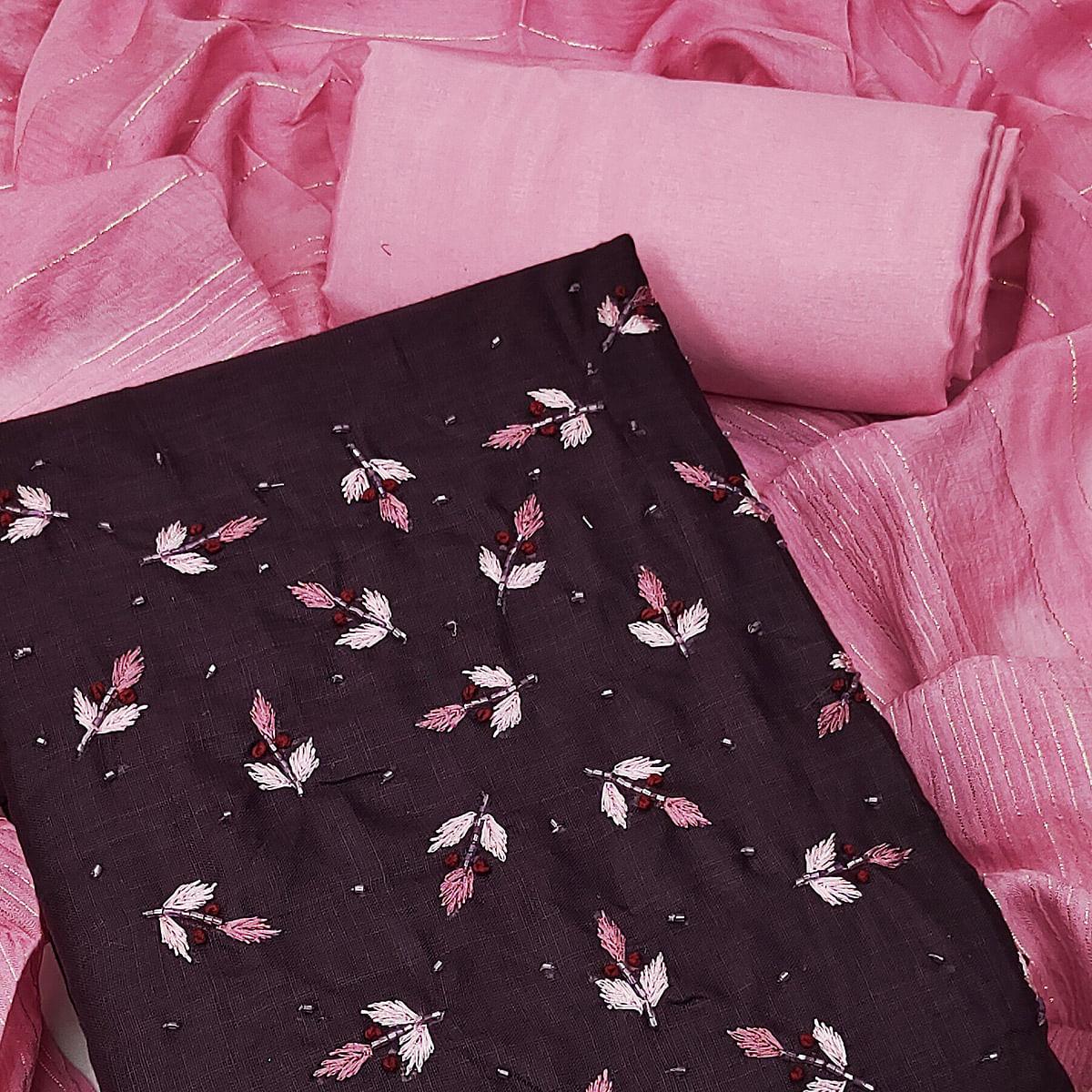 Wine Embroidered Cotton Blend Dress Material - Peachmode