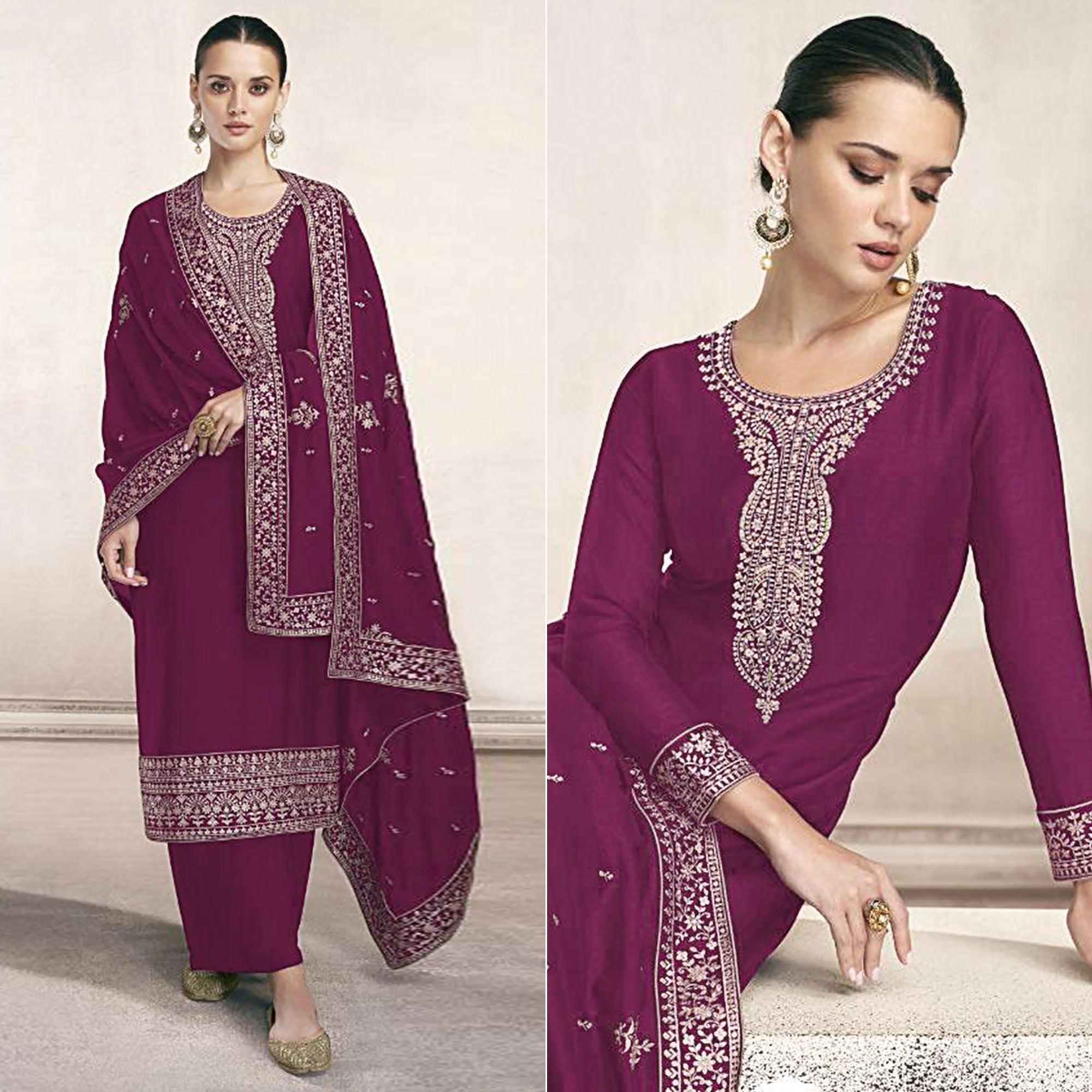 Wine Embroidered Dola Silk Salwar Suit - Peachmode