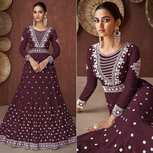 Wine Embroidered Georgette Gown - Peachmode
