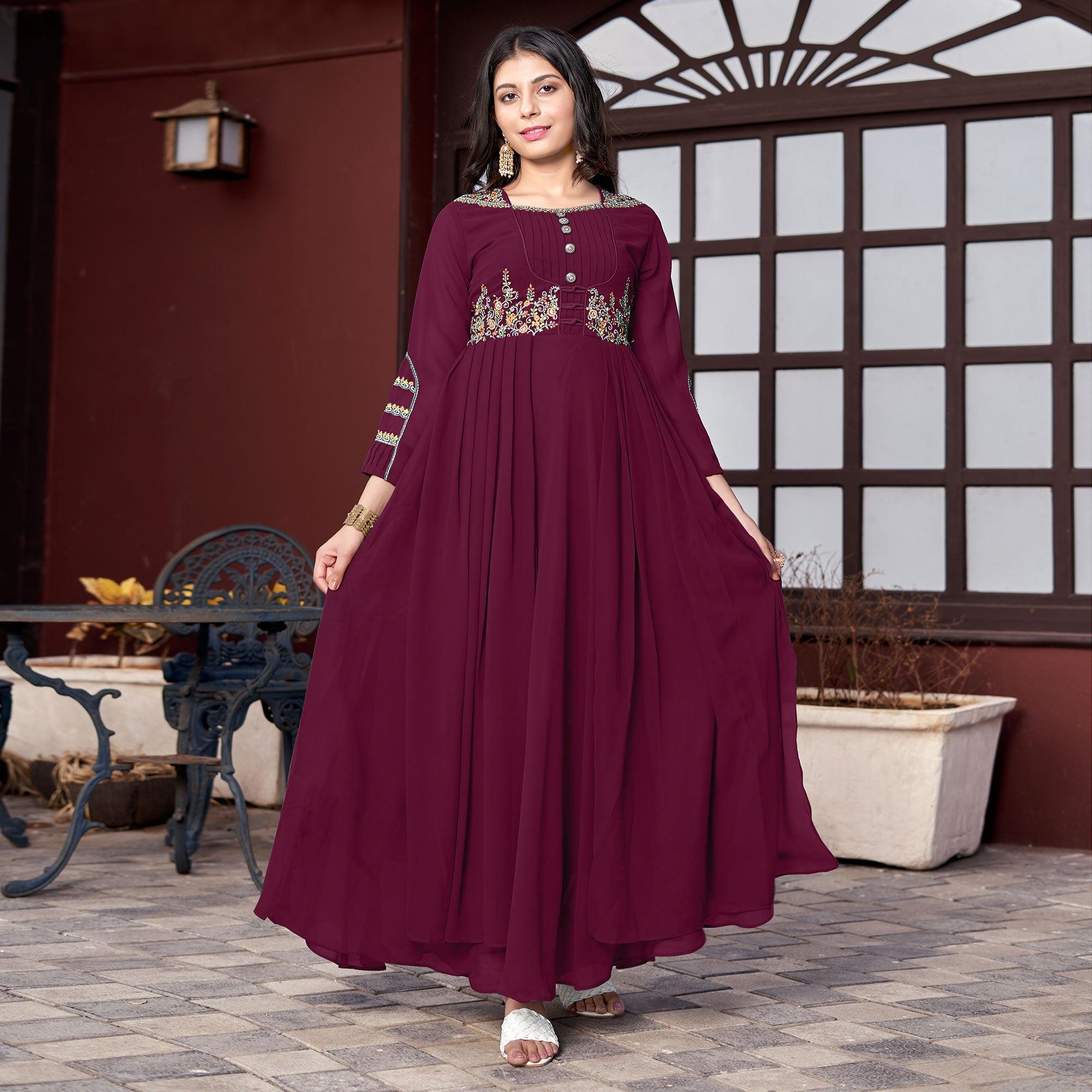 Wine Embroidered Georgette Gown - Peachmode