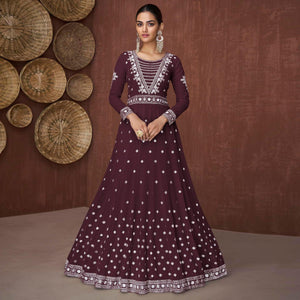 Wine Embroidered Georgette Gown - Peachmode