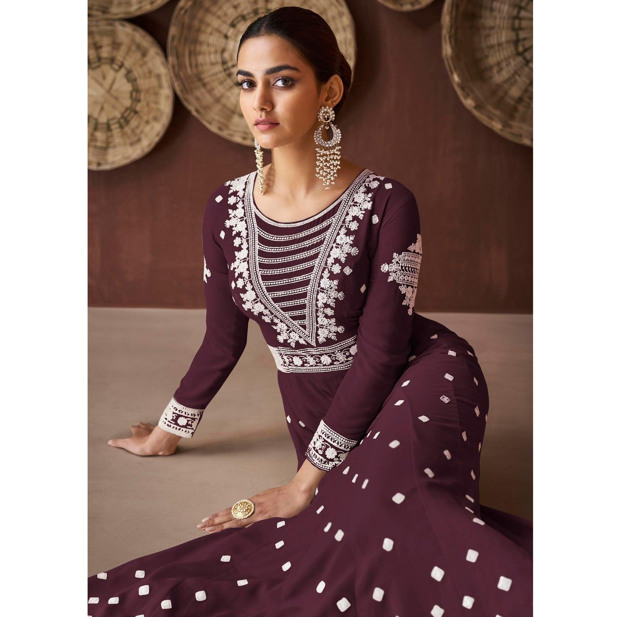 Wine Embroidered Georgette Gown - Peachmode