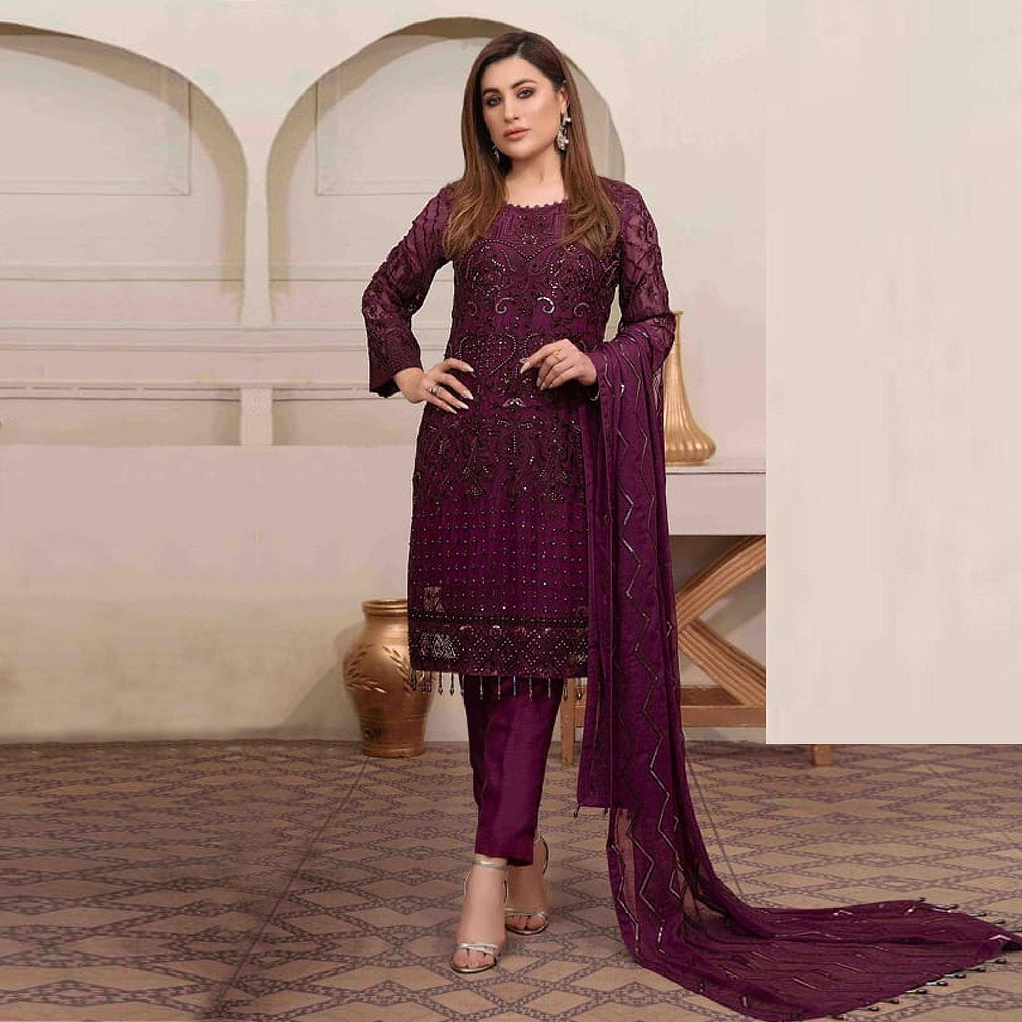 Wine Embroidered Georgette Pakistani Suit - Peachmode