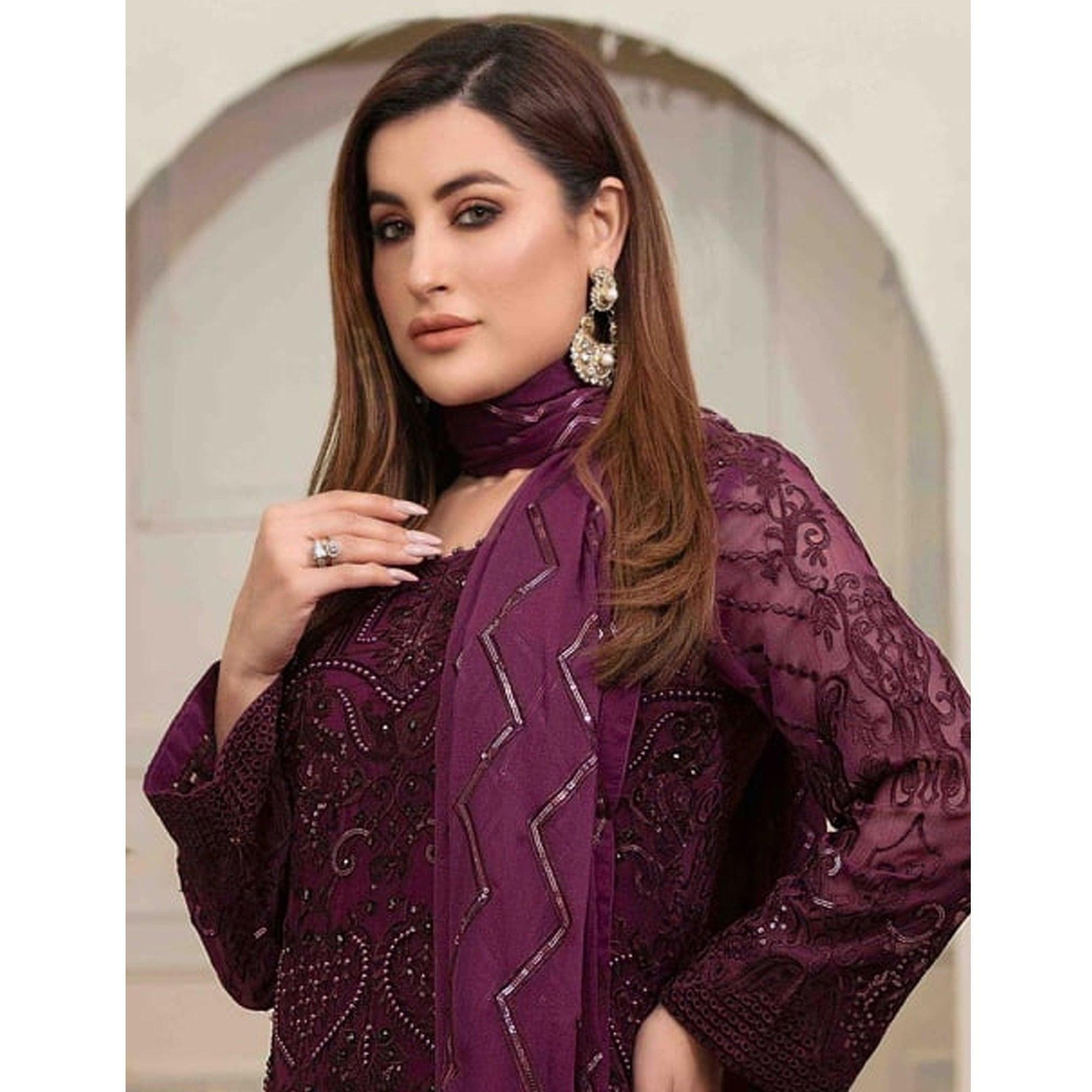 Wine Embroidered Georgette Pakistani Suit - Peachmode