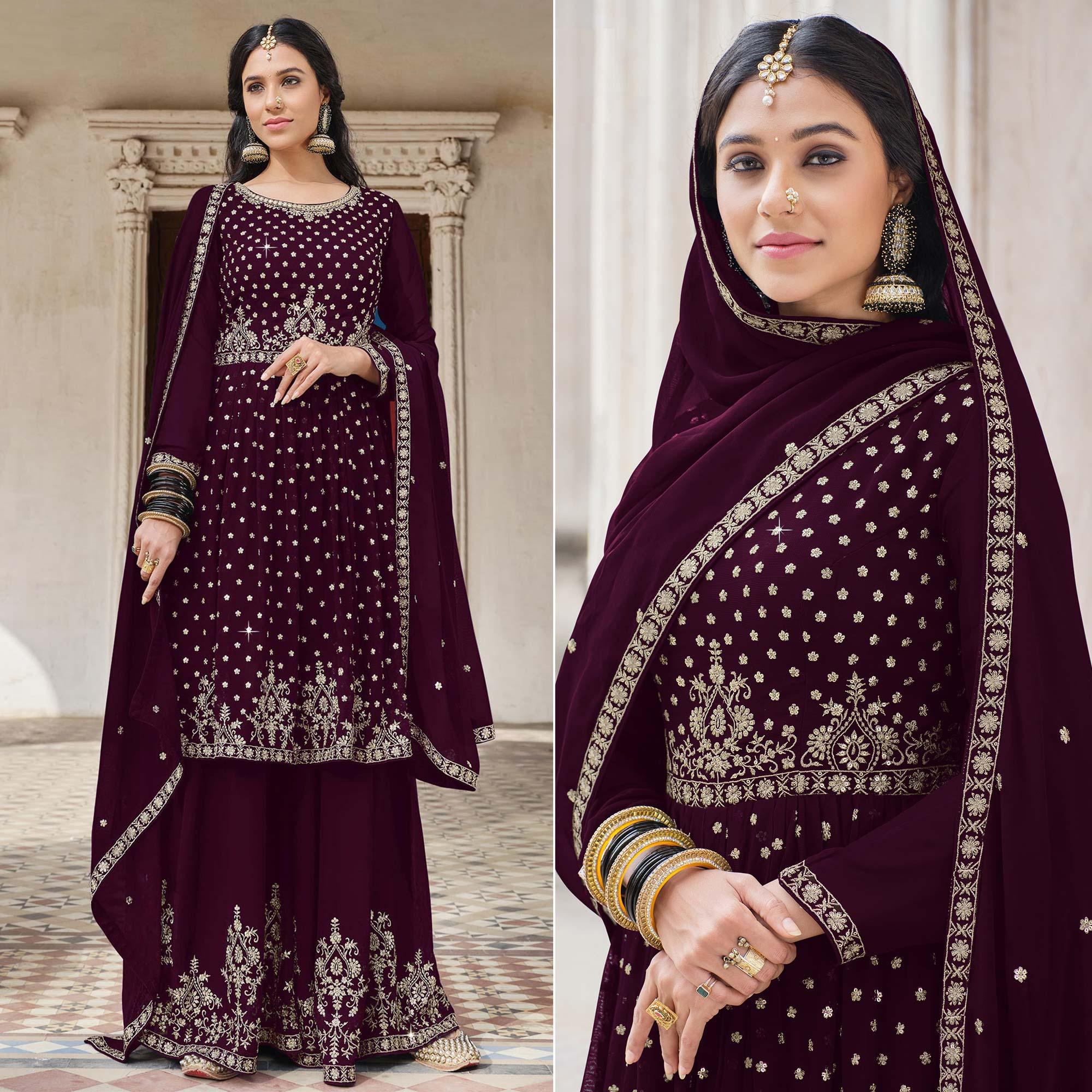 Wine Embroidered Georgette Palazzo Suit - Peachmode