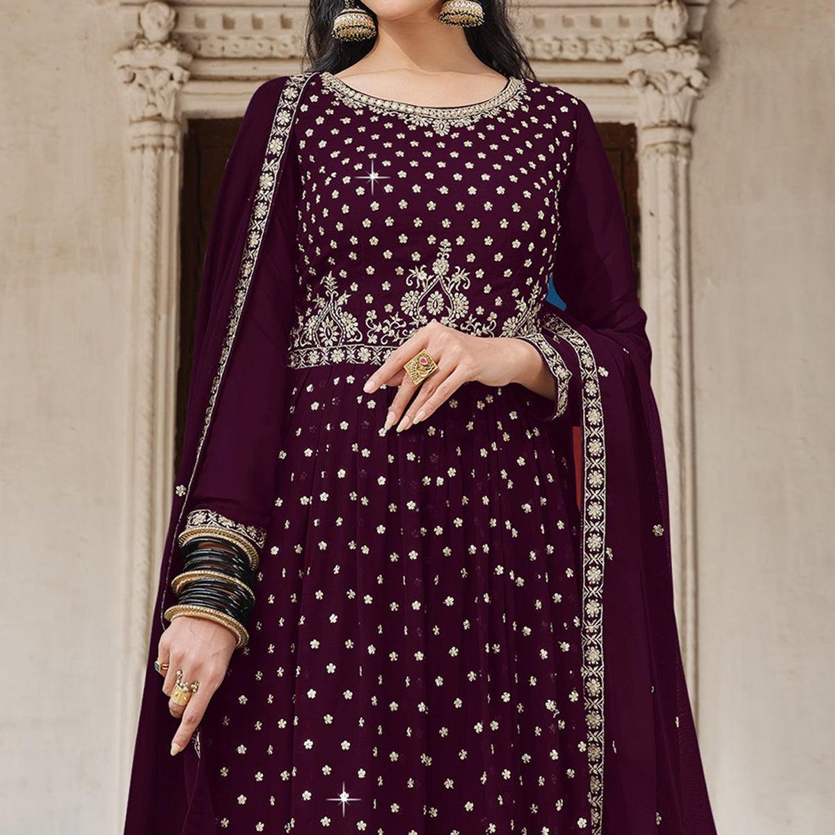 Wine Embroidered Georgette Palazzo Suit - Peachmode