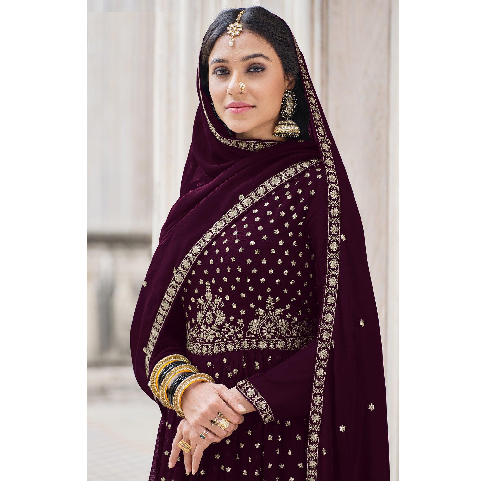 Wine Embroidered Georgette Palazzo Suit - Peachmode