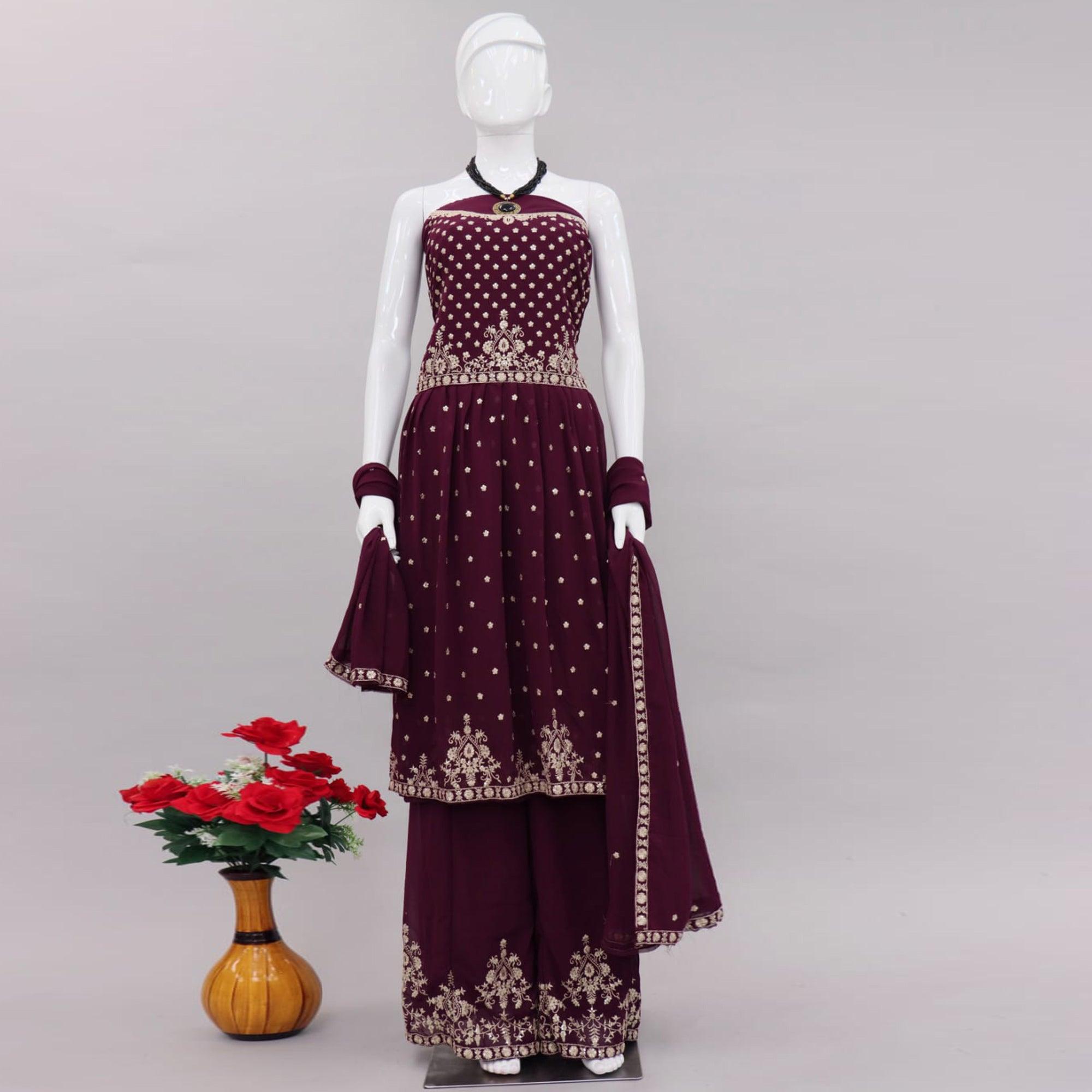 Wine Embroidered Georgette Palazzo Suit - Peachmode