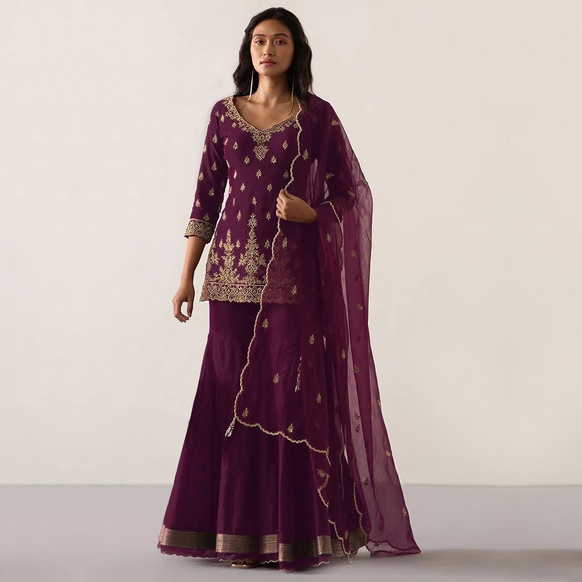 Wine Embroidered Georgette Sharara Suit - Peachmode