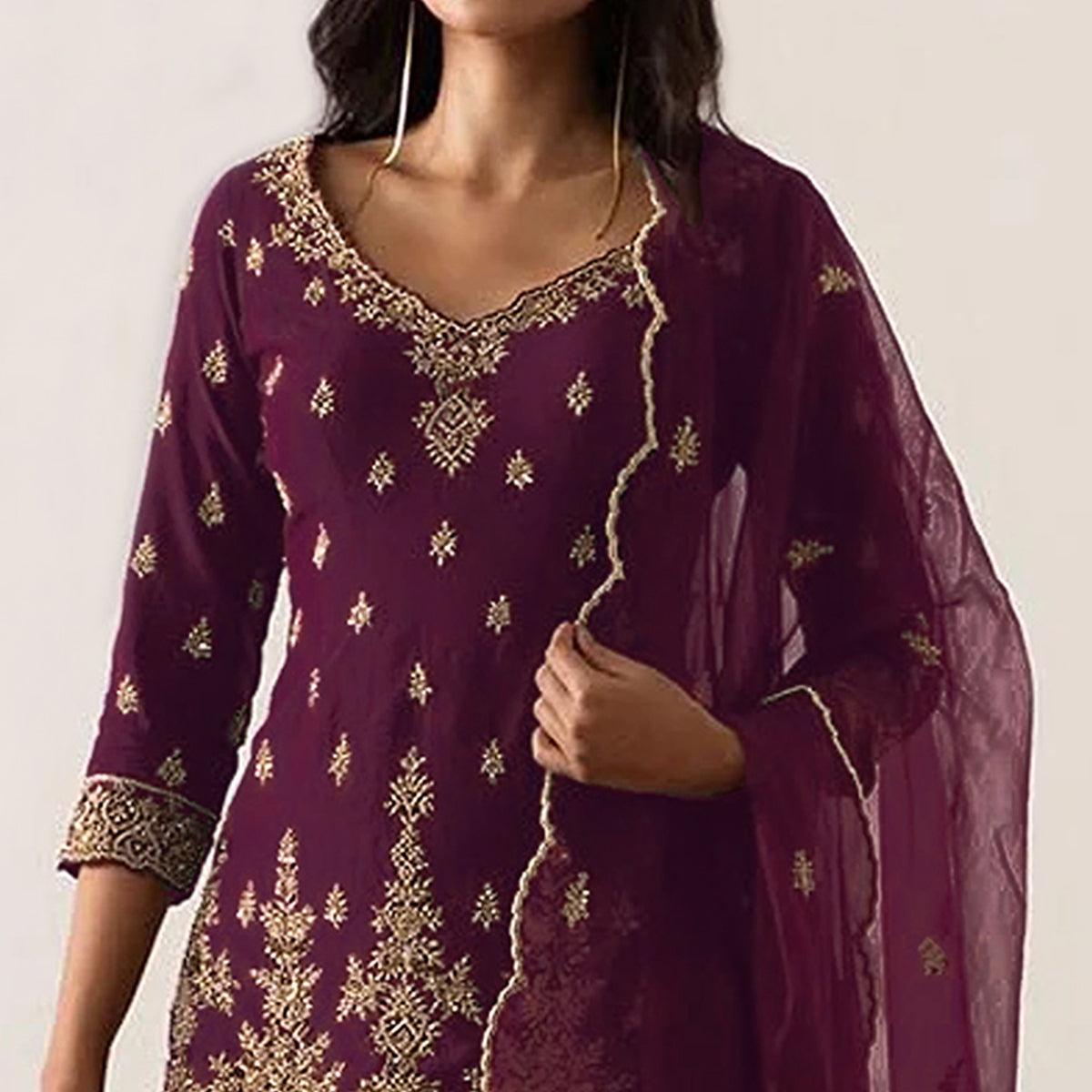 Wine Embroidered Georgette Sharara Suit - Peachmode