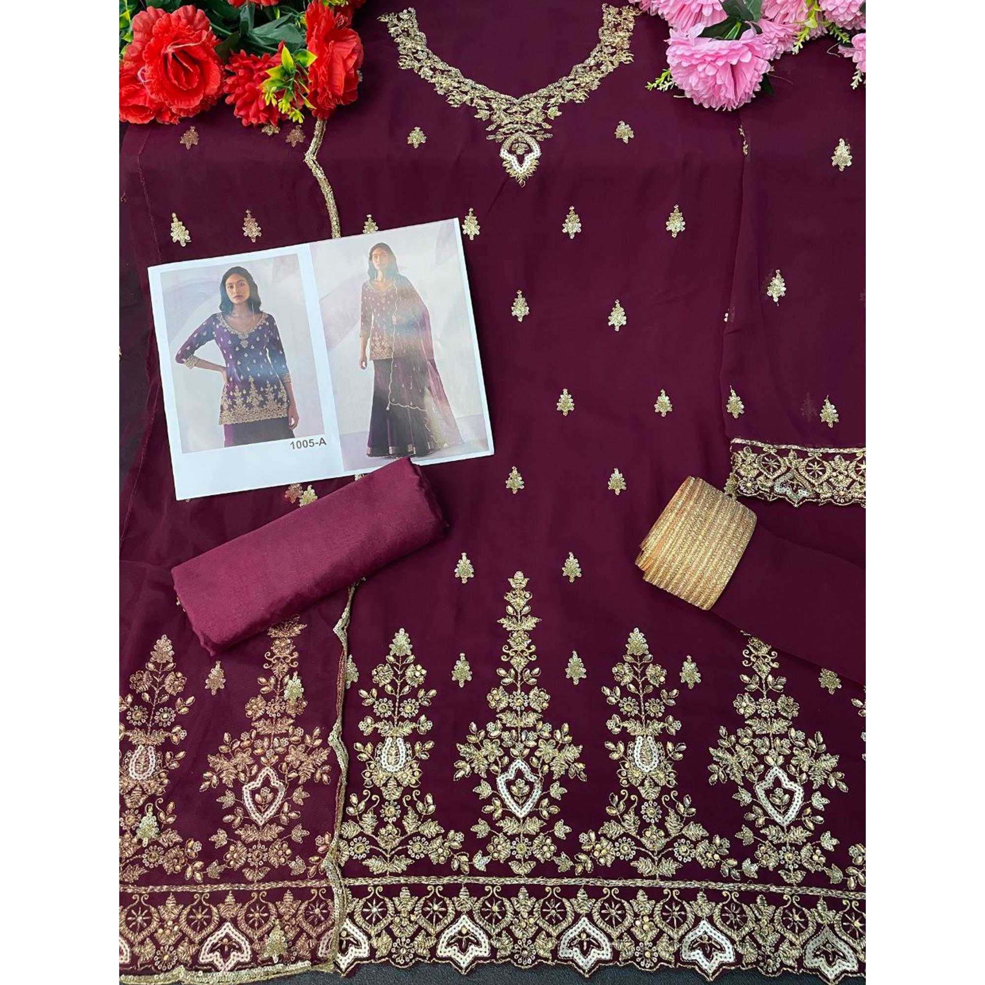 Wine Embroidered Georgette Sharara Suit - Peachmode