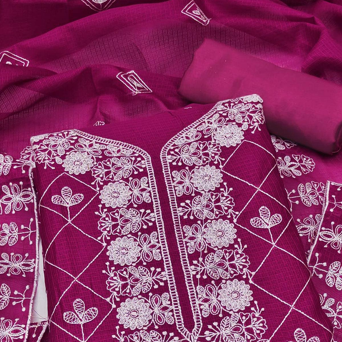 Wine Embroidered Kota Doria Dress Material - Peachmode