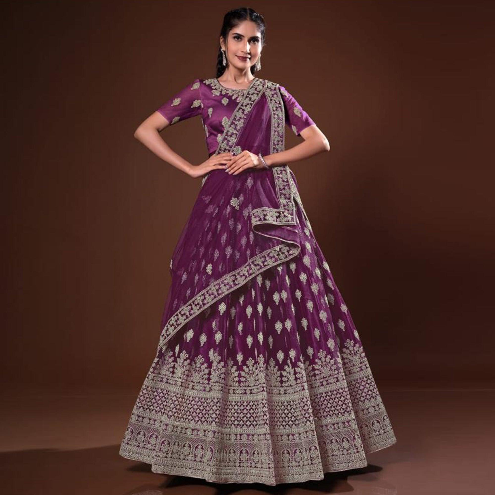 Wine Embroidered Net Lehenga Choli - Peachmode