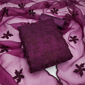 Wine Embroidered Organza Dress Material - Peachmode