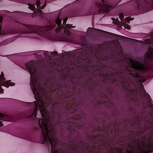 Wine Embroidered Organza Dress Material - Peachmode