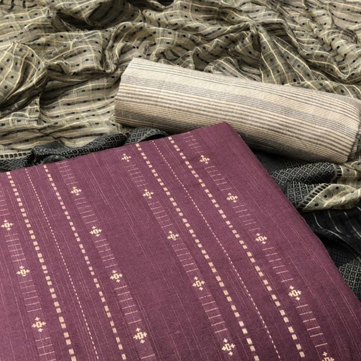 Wine Embroidered Pure Cotton Dress Material - Peachmode