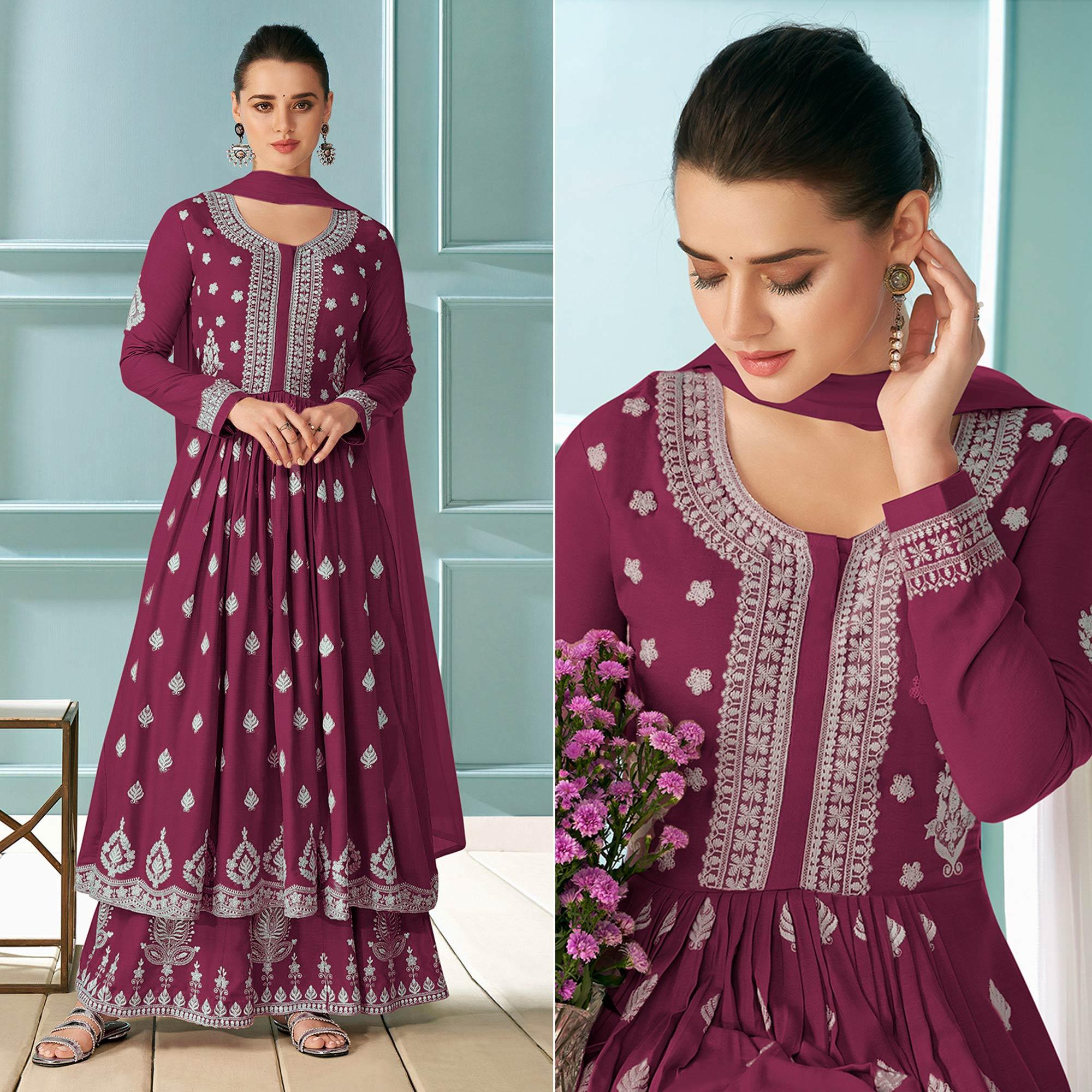 Wine Embroidered Rayon Kurti Palazzo Suit - Peachmode