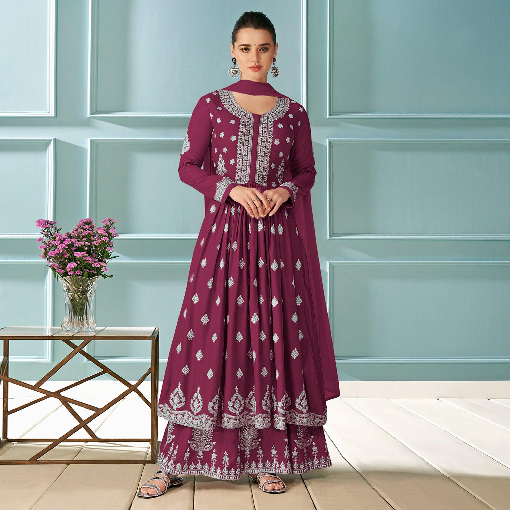 Wine Embroidered Rayon Kurti Palazzo Suit - Peachmode