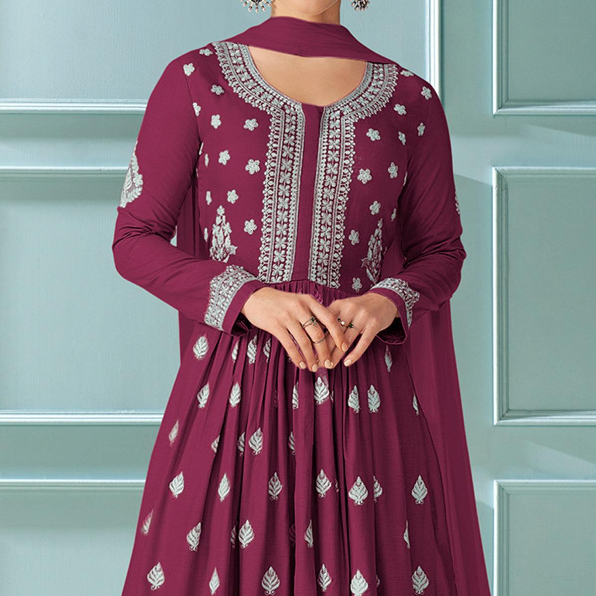 Wine Embroidered Rayon Kurti Palazzo Suit - Peachmode