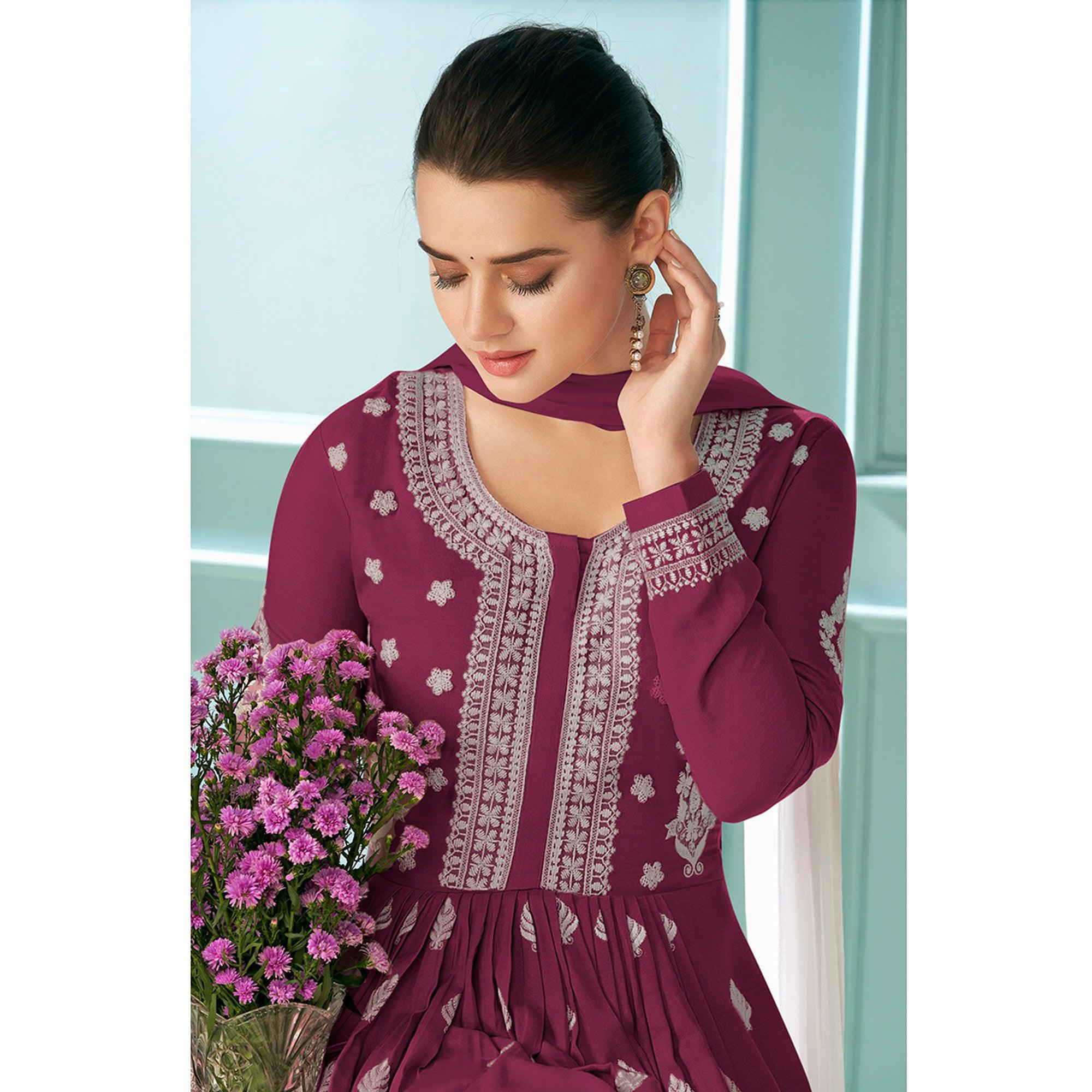 Wine Embroidered Rayon Kurti Palazzo Suit - Peachmode