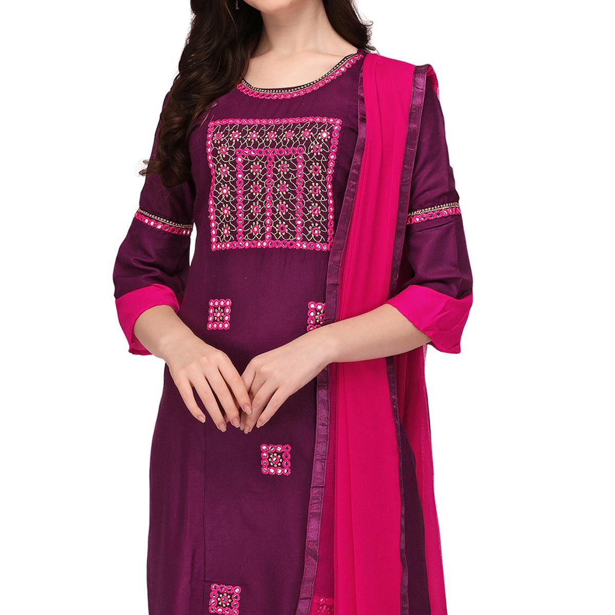 Wine Embroidered Rayon Palazzo Suit - Peachmode