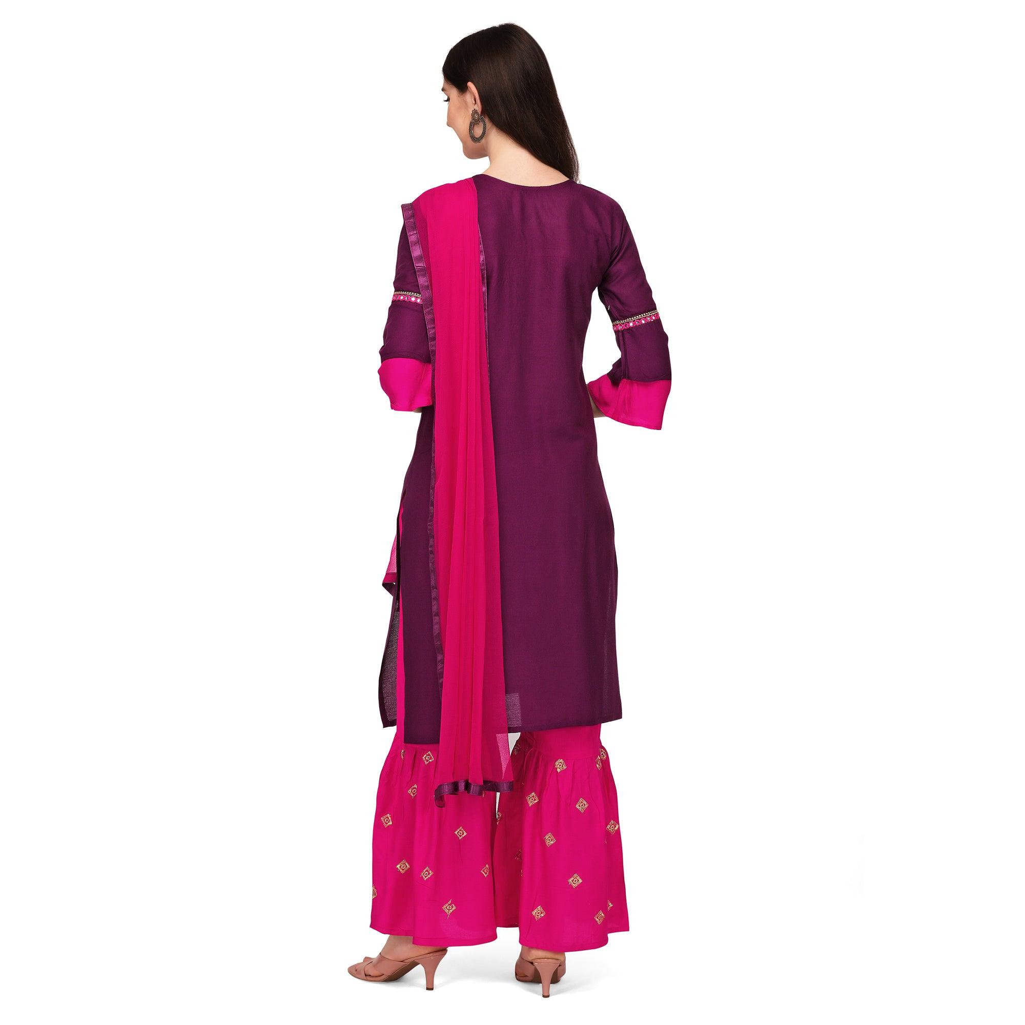 Wine Embroidered Rayon Palazzo Suit - Peachmode