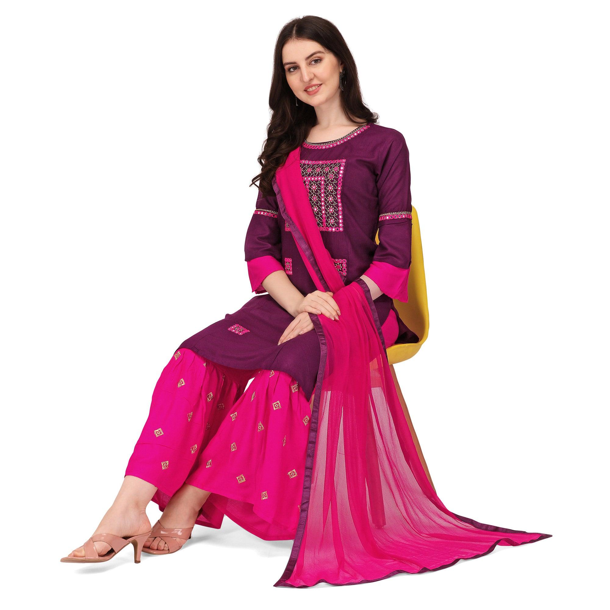 Wine Embroidered Rayon Palazzo Suit - Peachmode