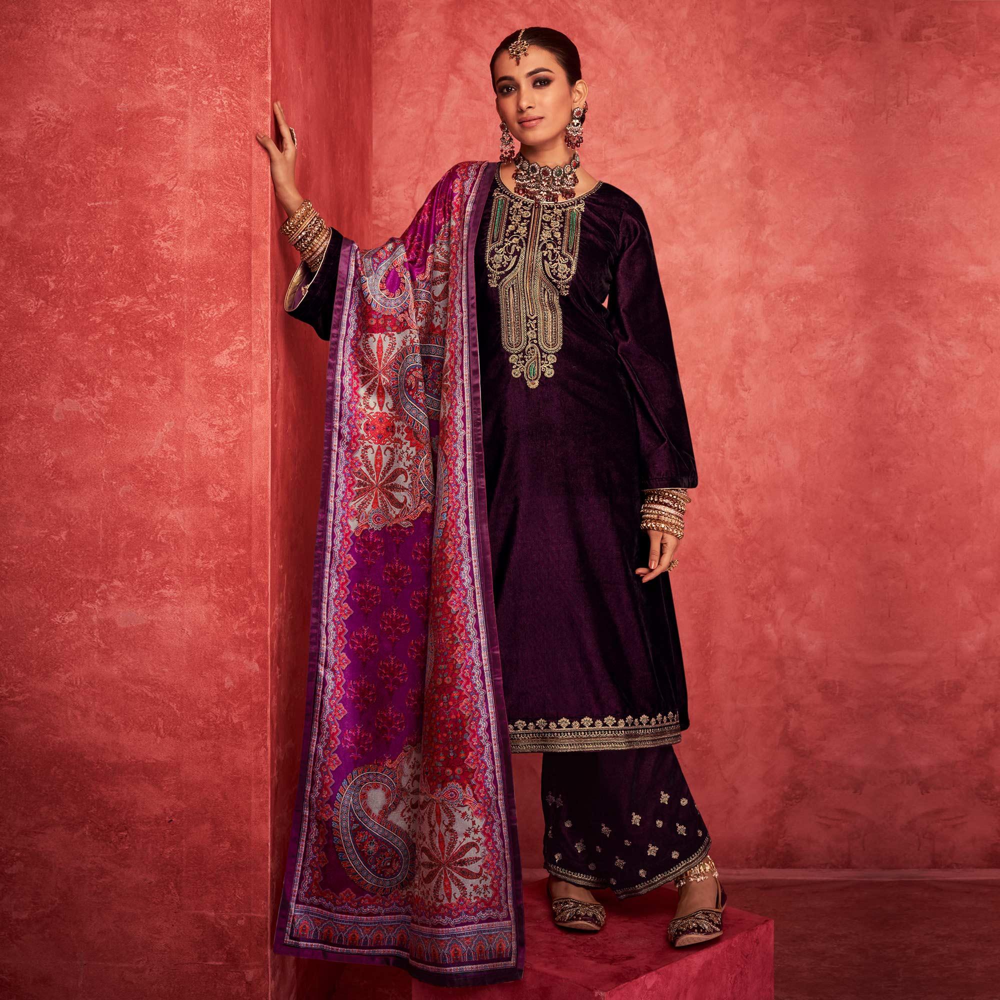 Wine Embroidered Velvet Pakistani Suit - Peachmode