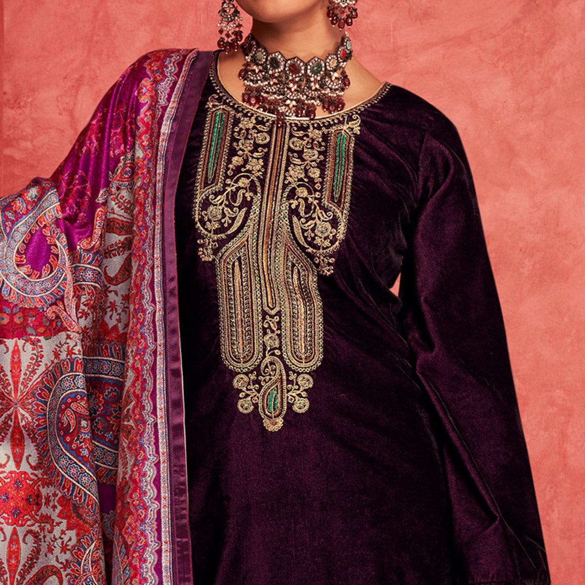 Wine Embroidered Velvet Pakistani Suit - Peachmode