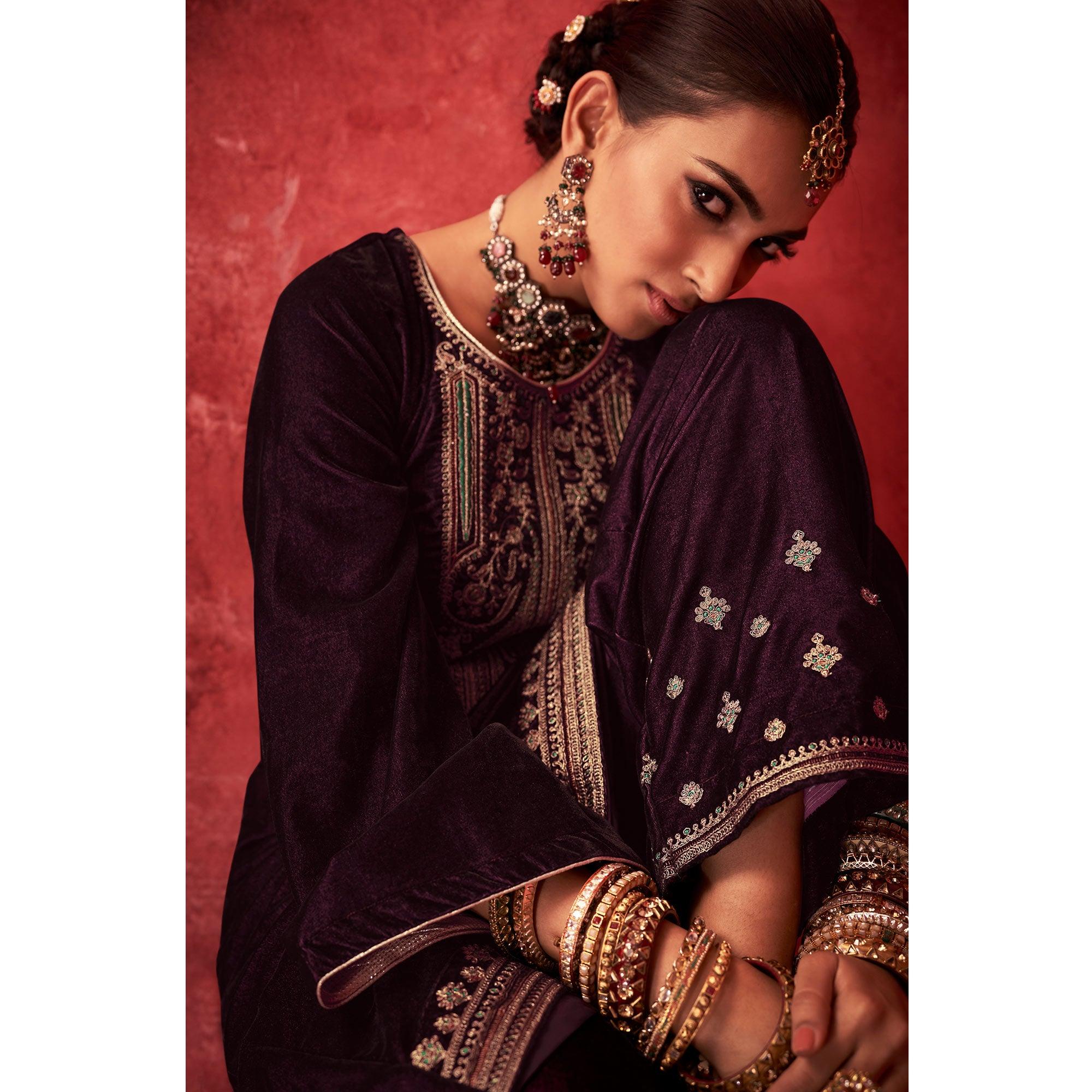 Wine Embroidered Velvet Pakistani Suit - Peachmode