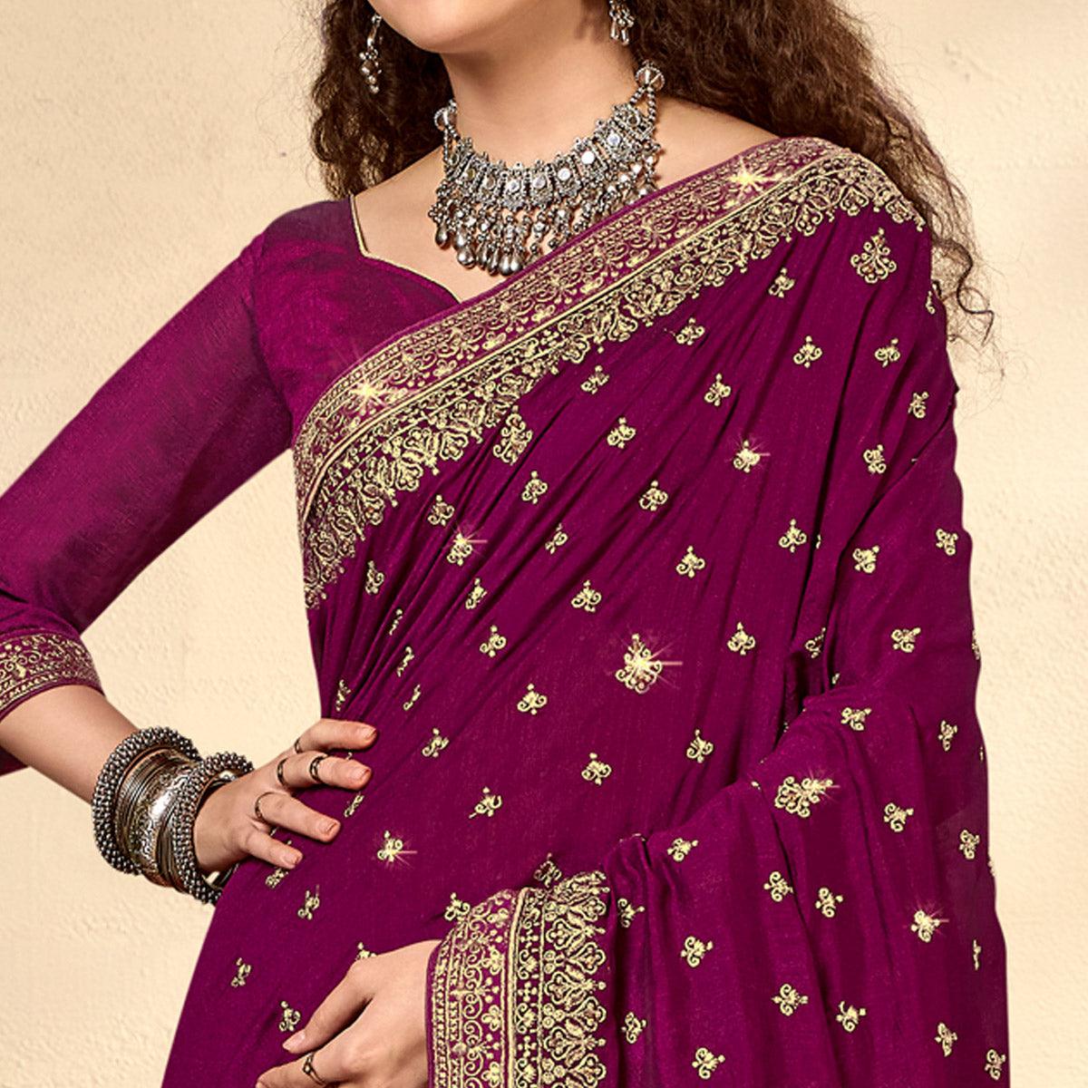 Wine Embroidered Vichitra Silk Saree - Peachmode