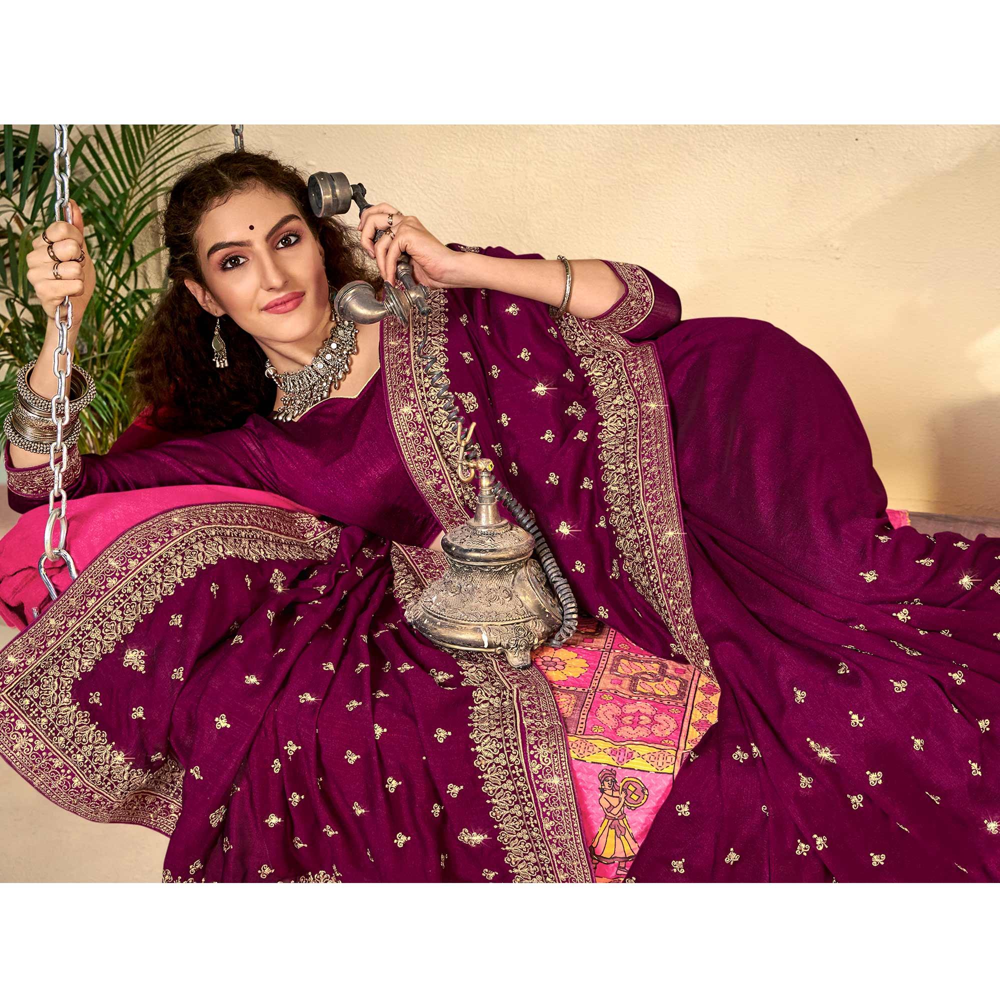 Wine Embroidered Vichitra Silk Saree - Peachmode