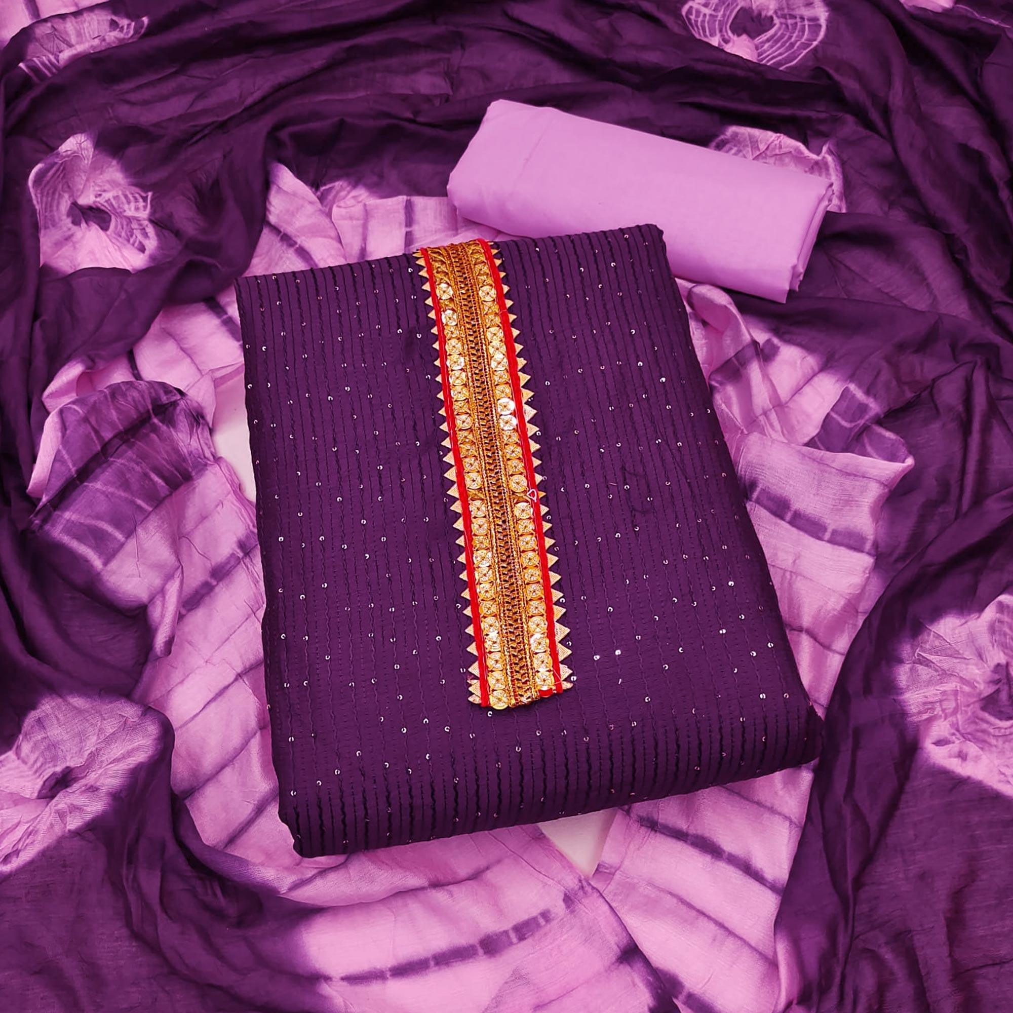 Wine Embroidered With Embellished Cotton Blend Dress Material - Peachmode