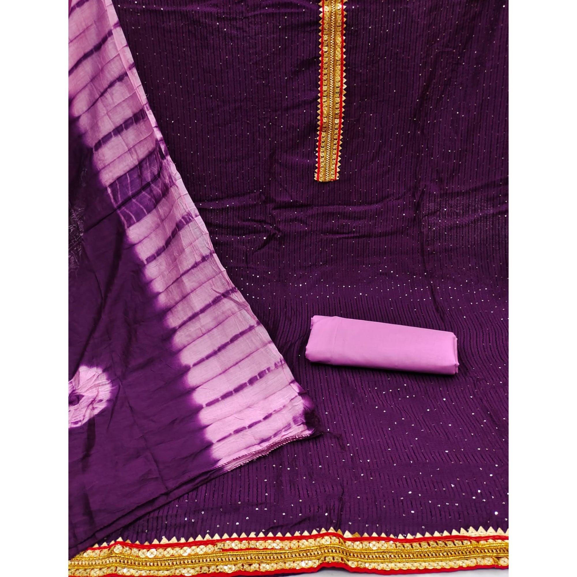 Wine Embroidered With Embellished Cotton Blend Dress Material - Peachmode