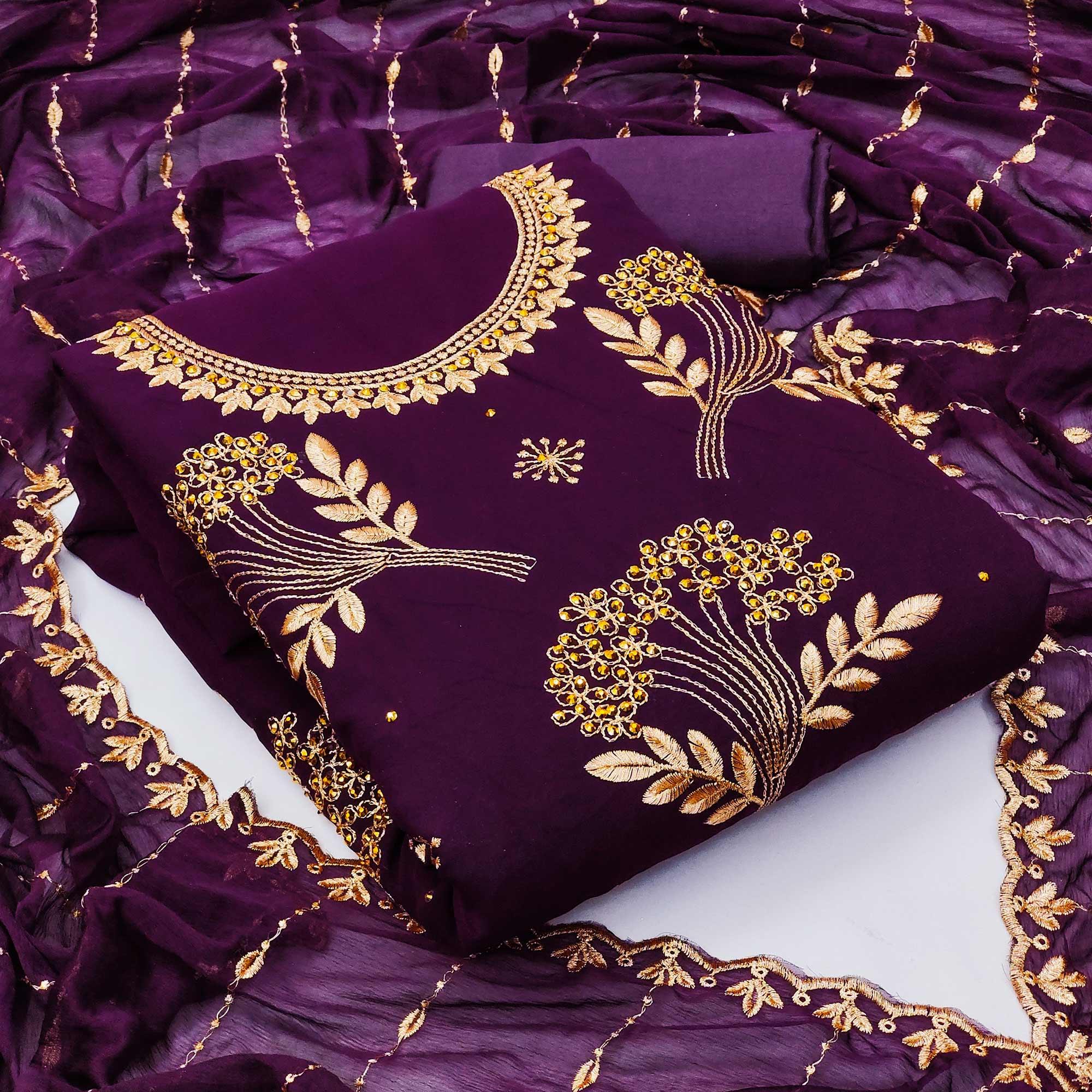 Wine Embroidered With Embellished Georgette Dress Material - Peachmode