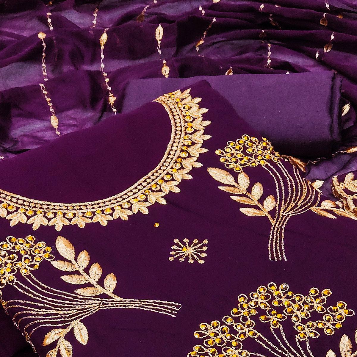 Wine Embroidered With Embellished Georgette Dress Material - Peachmode