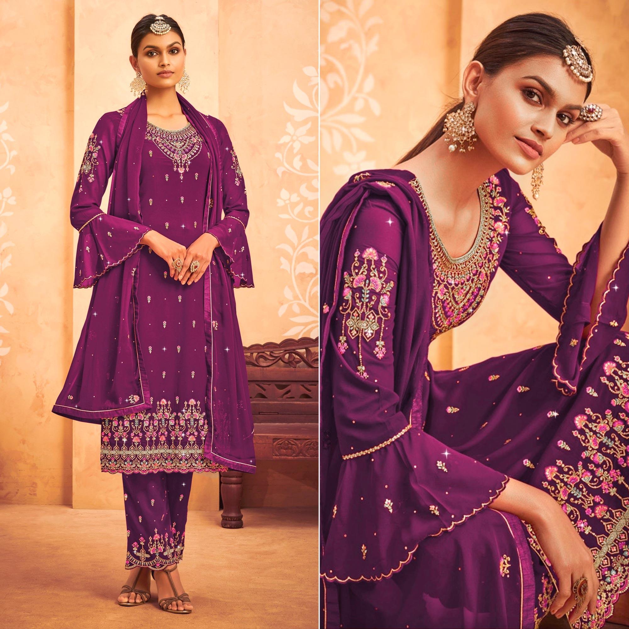 Wine Embroidered With Embellished Georgette Palazzo Suit - Peachmode