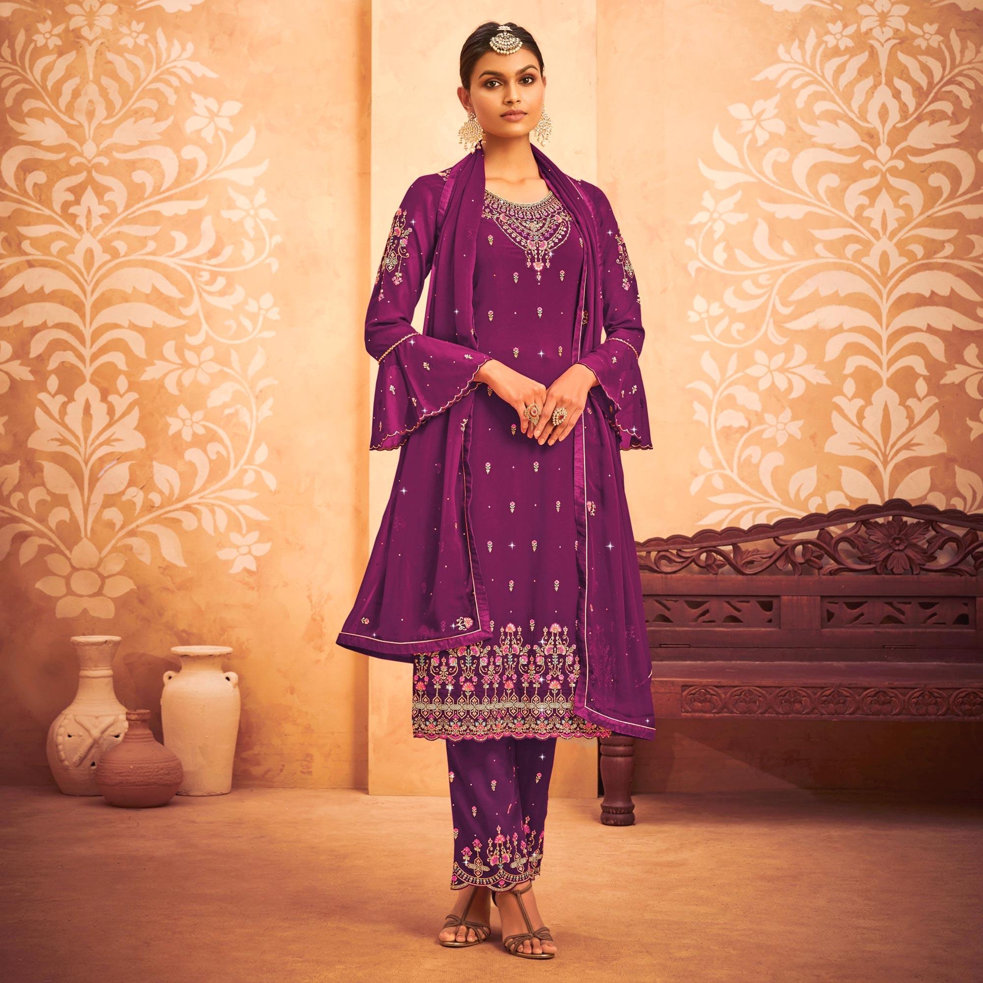 Wine Embroidered With Embellished Georgette Palazzo Suit - Peachmode