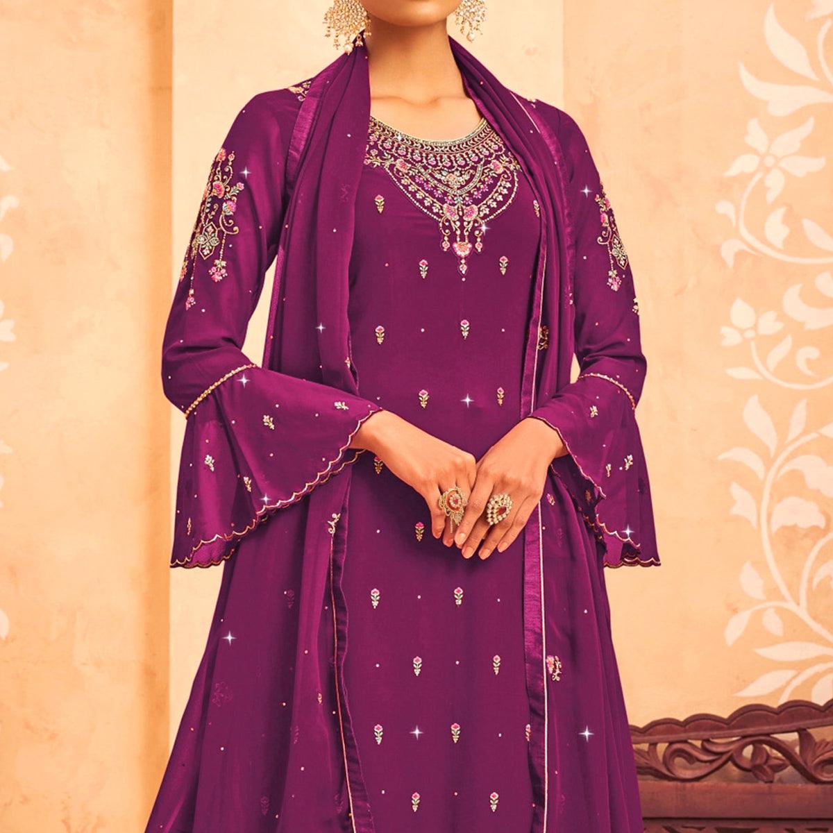 Wine Embroidered With Embellished Georgette Palazzo Suit - Peachmode