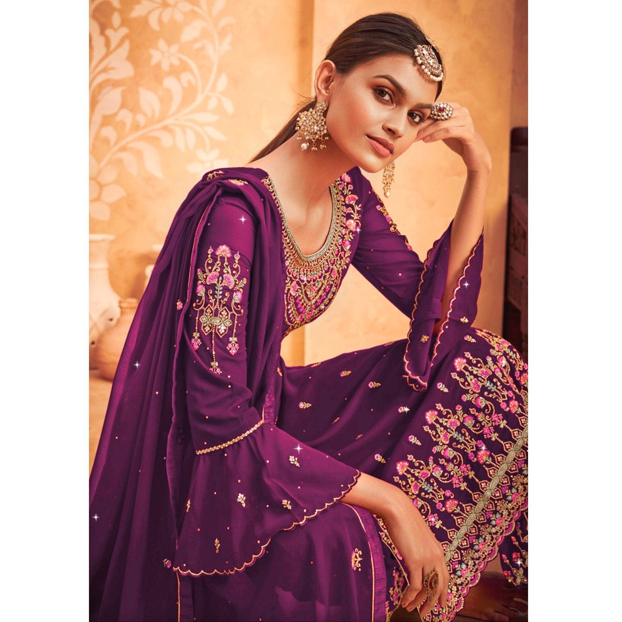 Wine Embroidered With Embellished Georgette Palazzo Suit - Peachmode