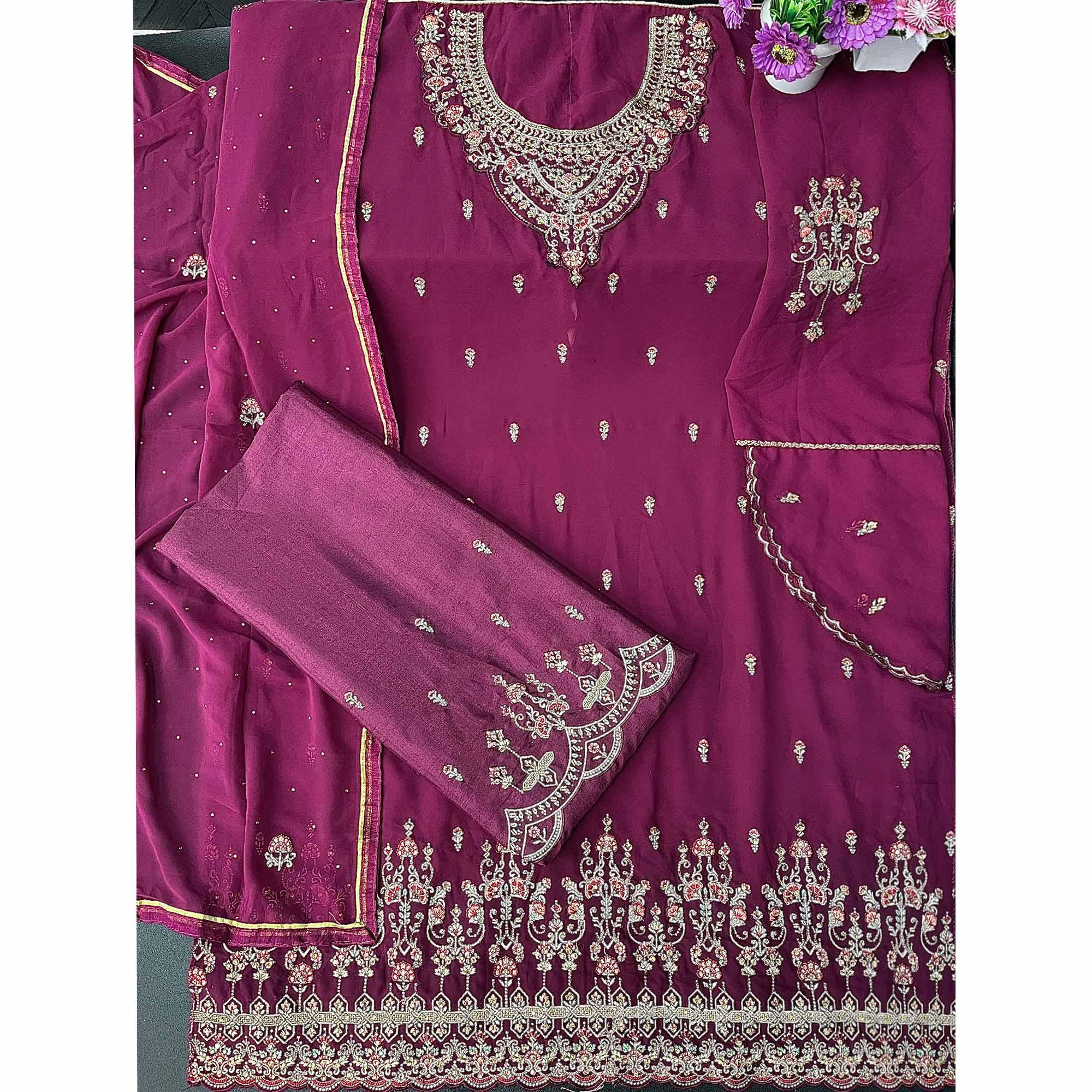 Wine Embroidered With Embellished Georgette Palazzo Suit - Peachmode