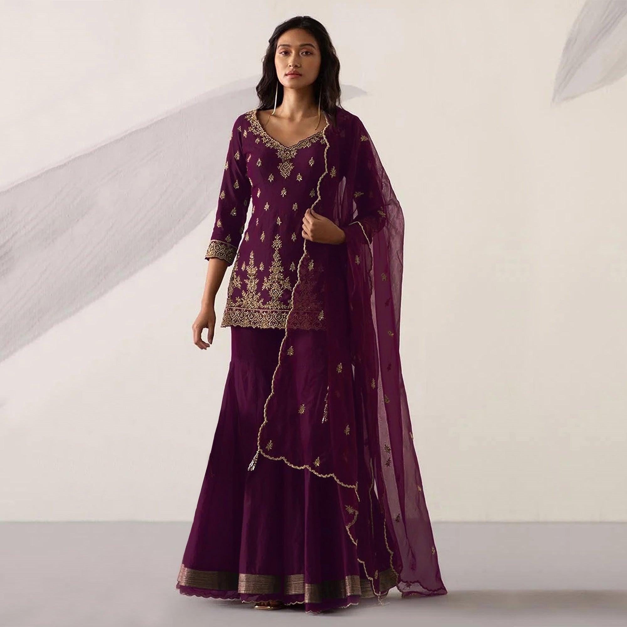 Wine Embroidered With Embellished Georgette Sharara Suit - Peachmode